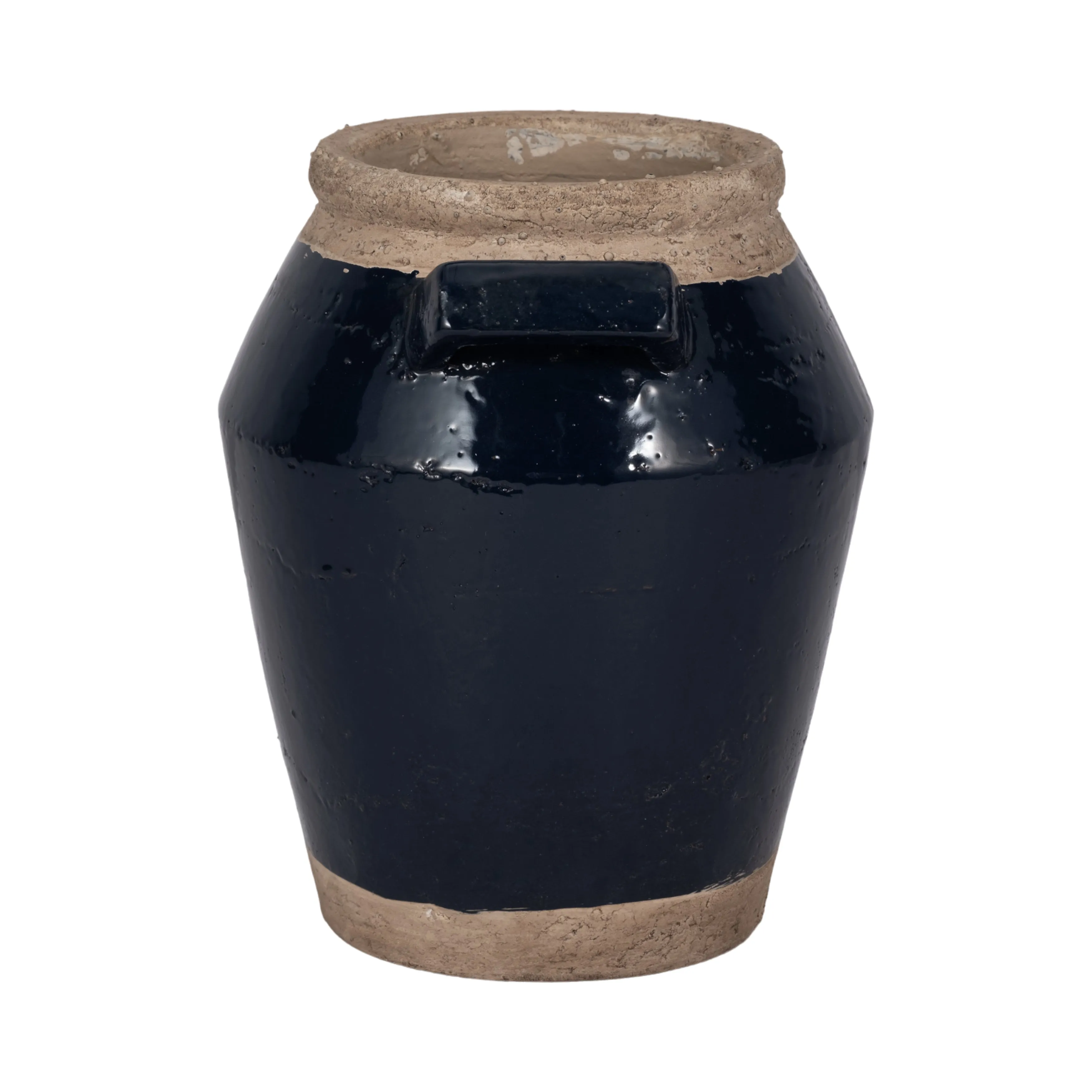 11" Squared Handle Terracotta Vase, Navy/tan