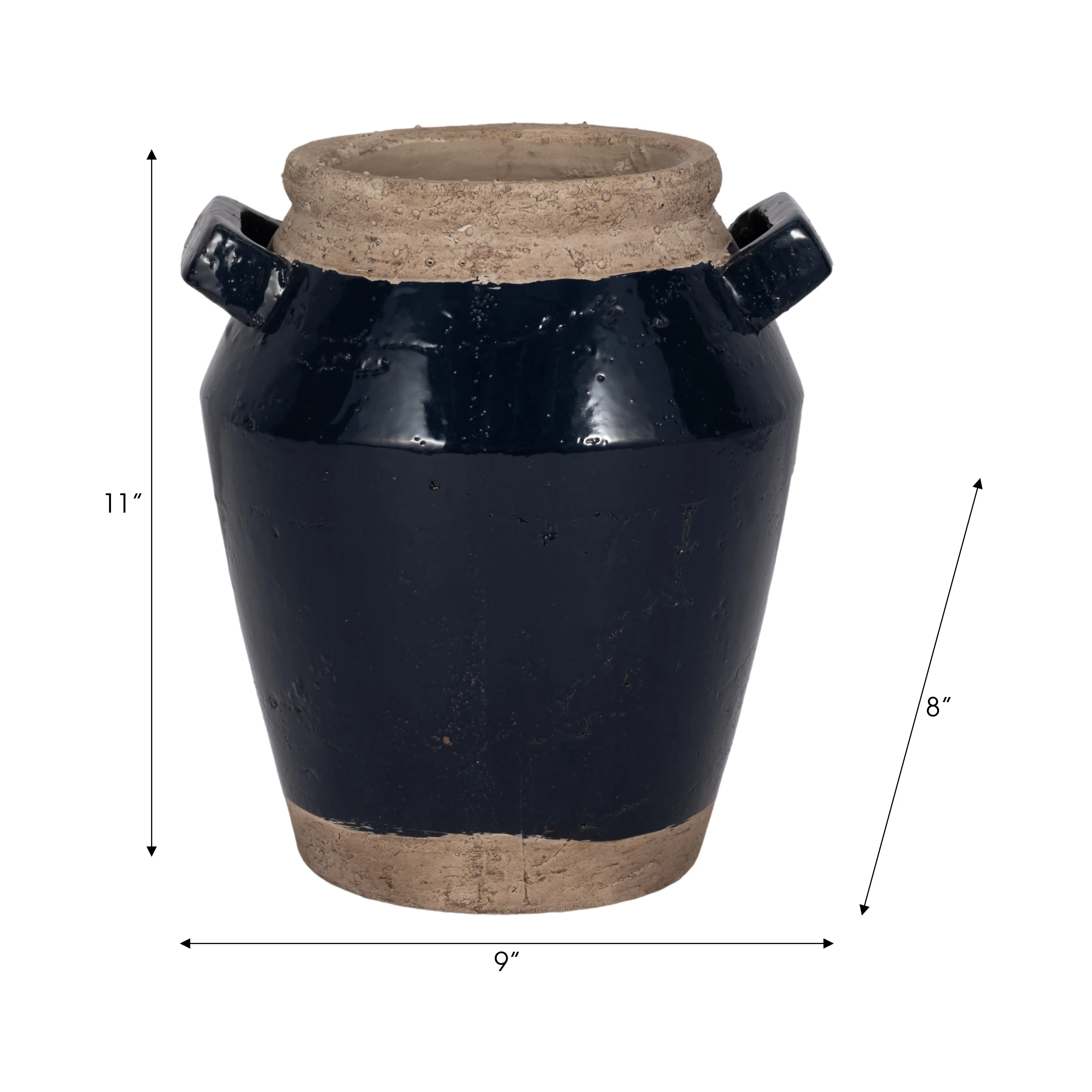 11" Squared Handle Terracotta Vase, Navy/tan