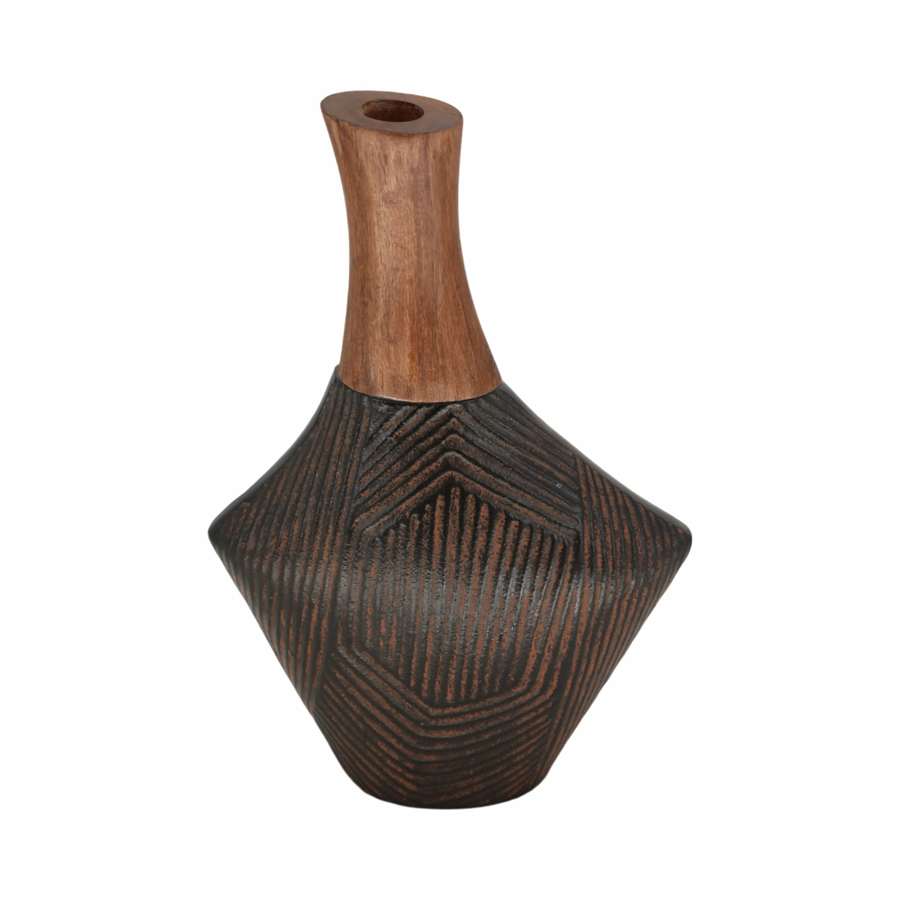 12"kenai Large Wood And Metal Vase