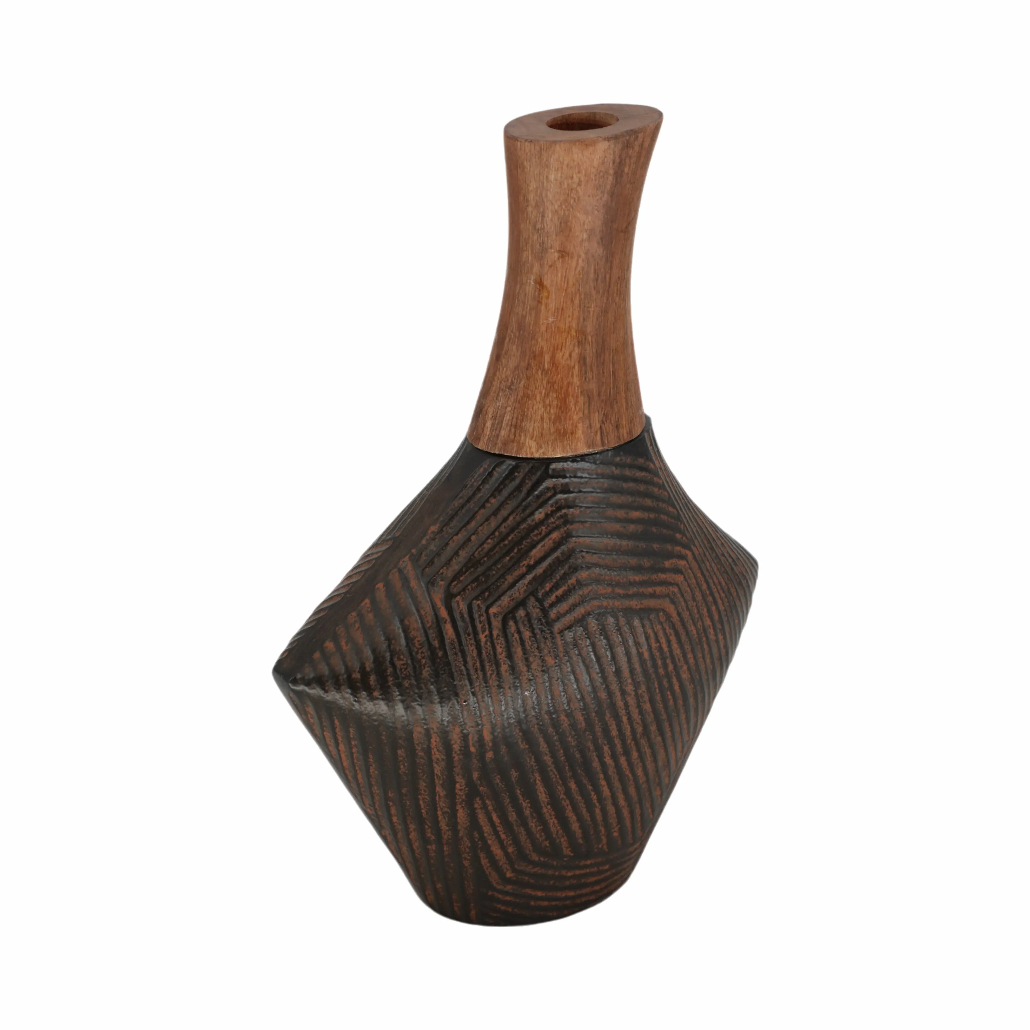 12"kenai Large Wood And Metal Vase