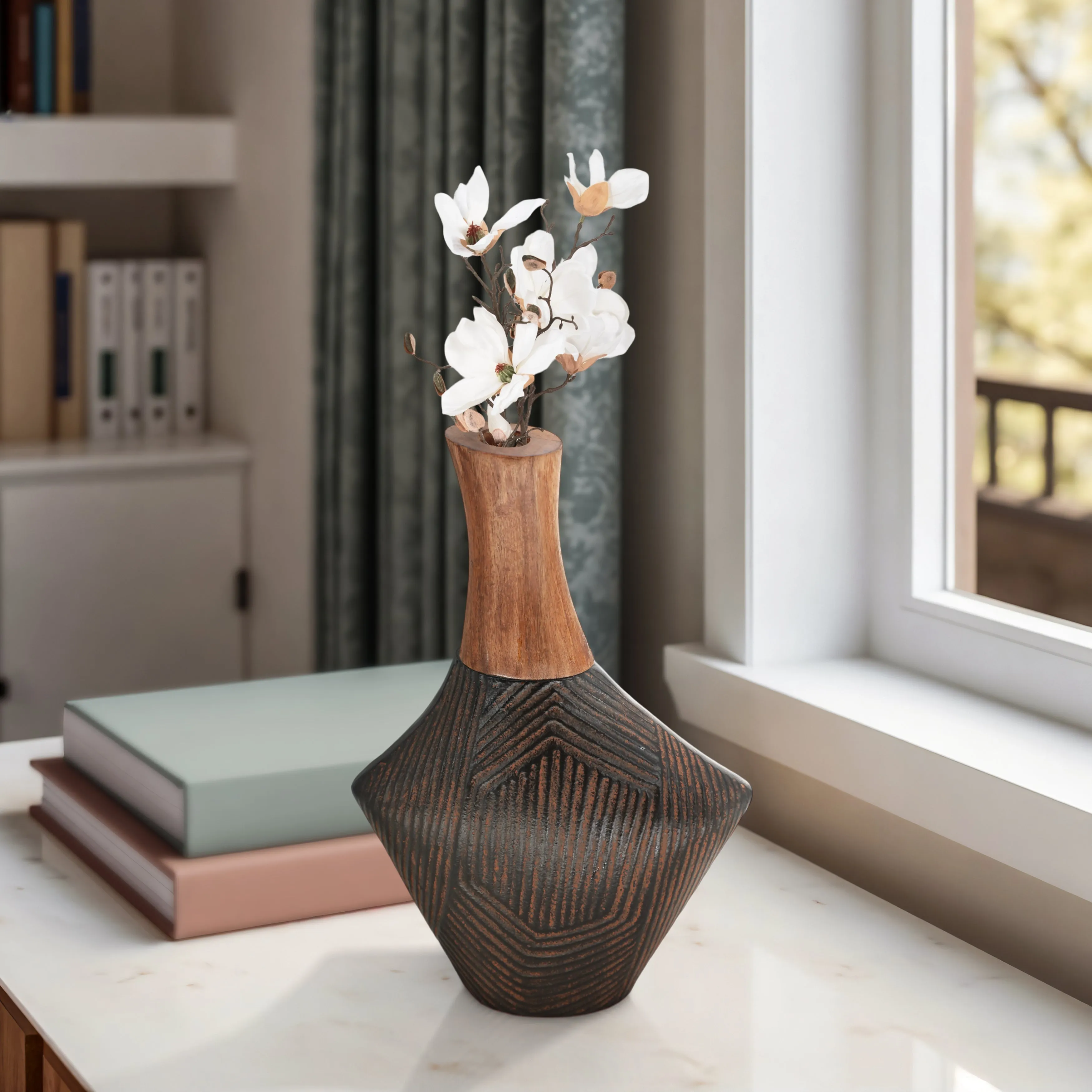 12"kenai Large Wood And Metal Vase