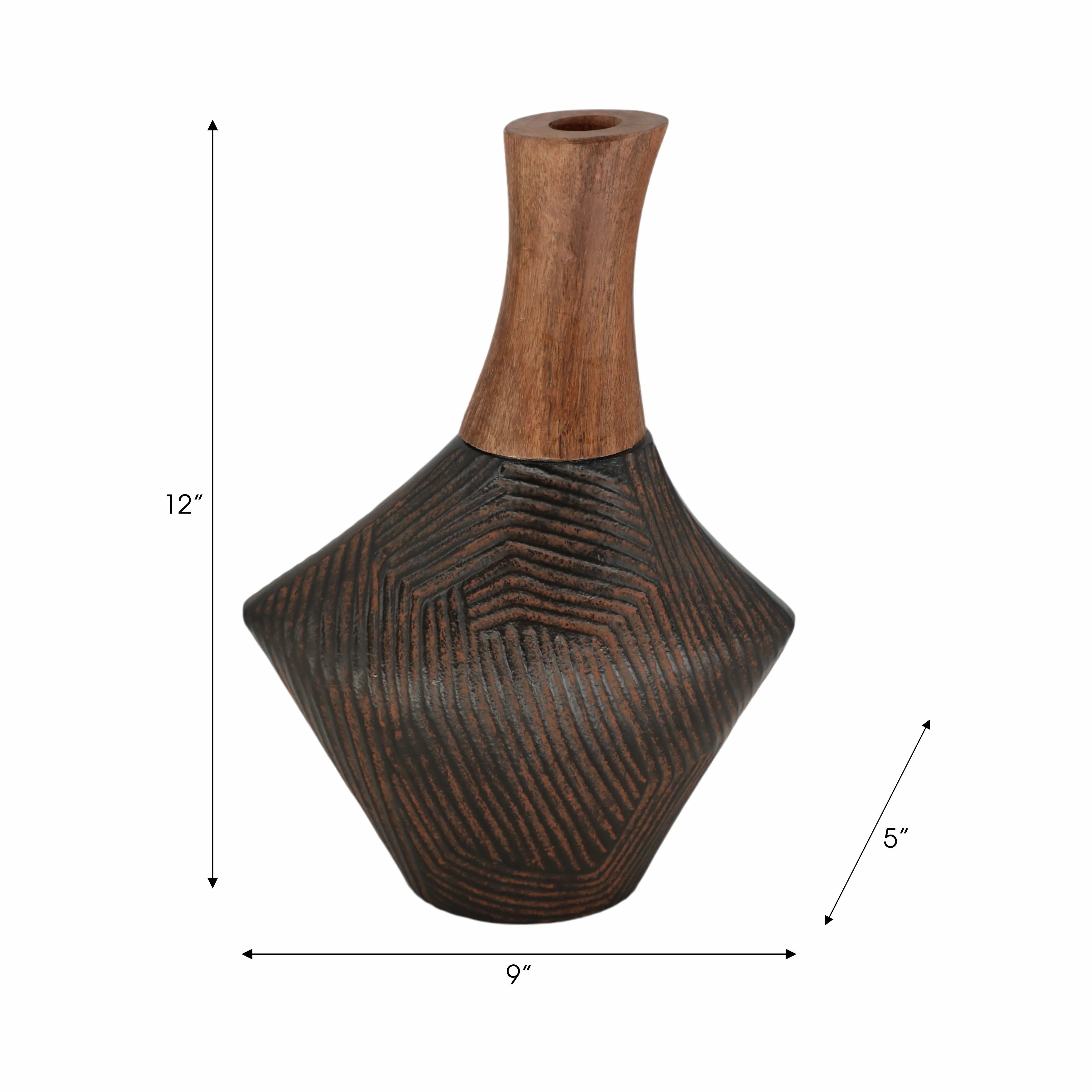 12"kenai Large Wood And Metal Vase