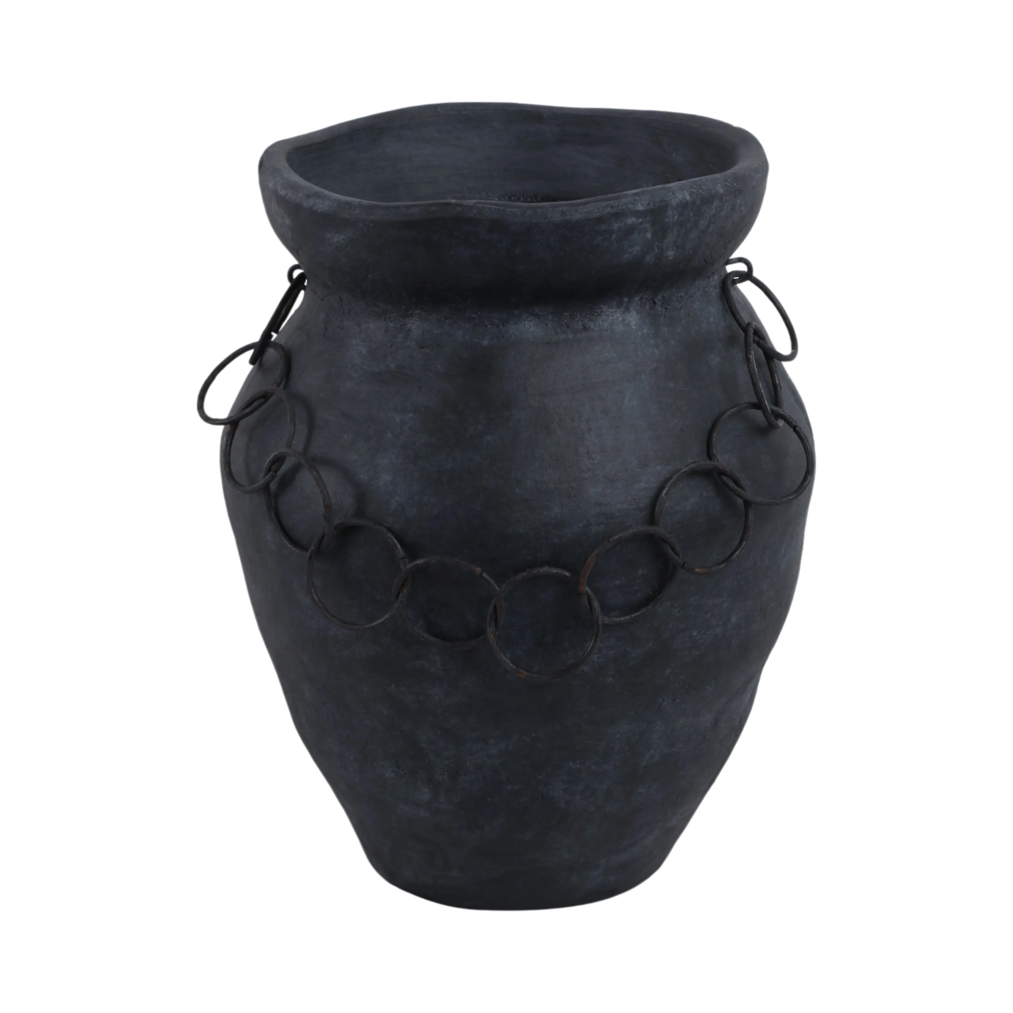 12x10" Rustic Terracotta Vase With Chain, Black