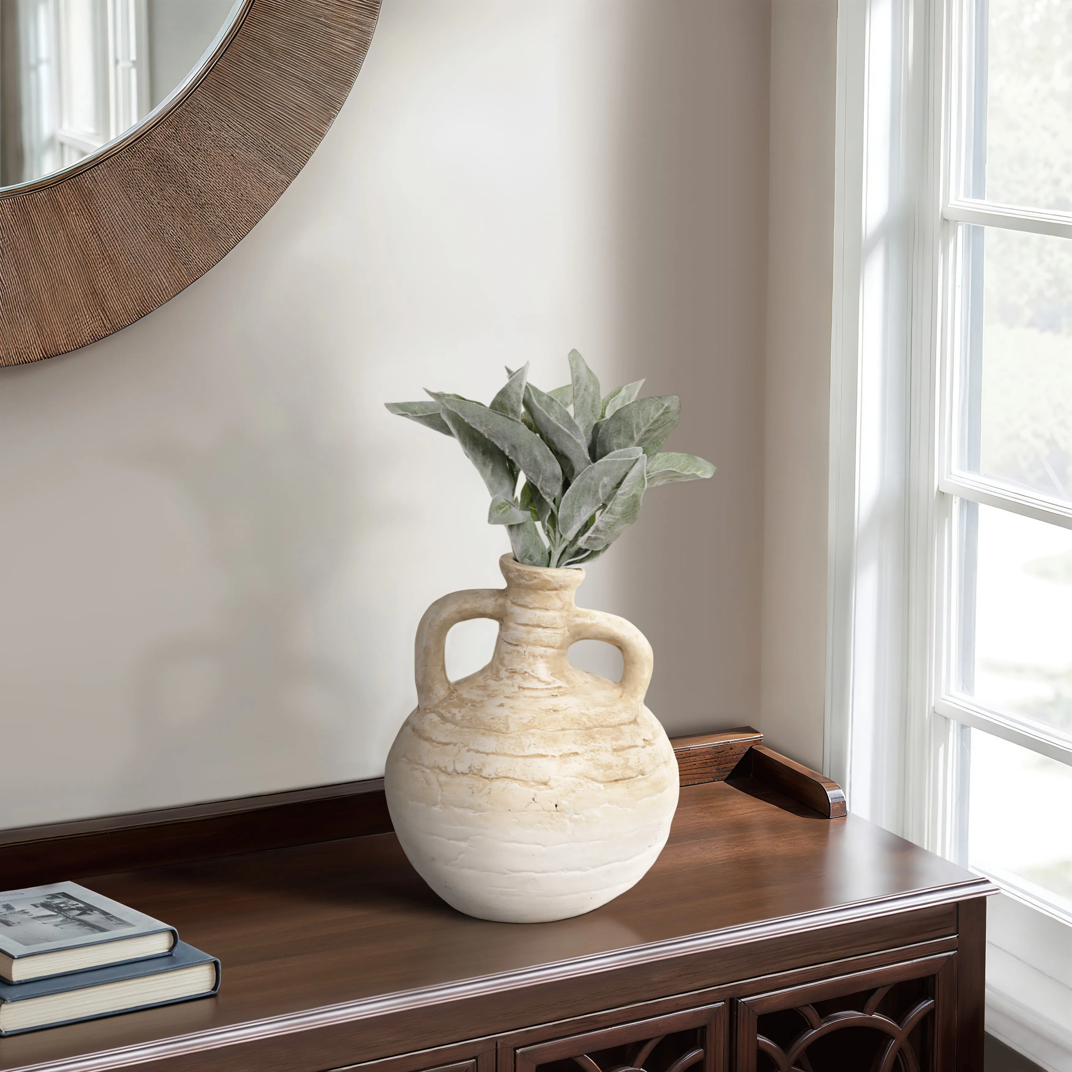 13" Bulbous Terracotta Eared Vase, Ivory