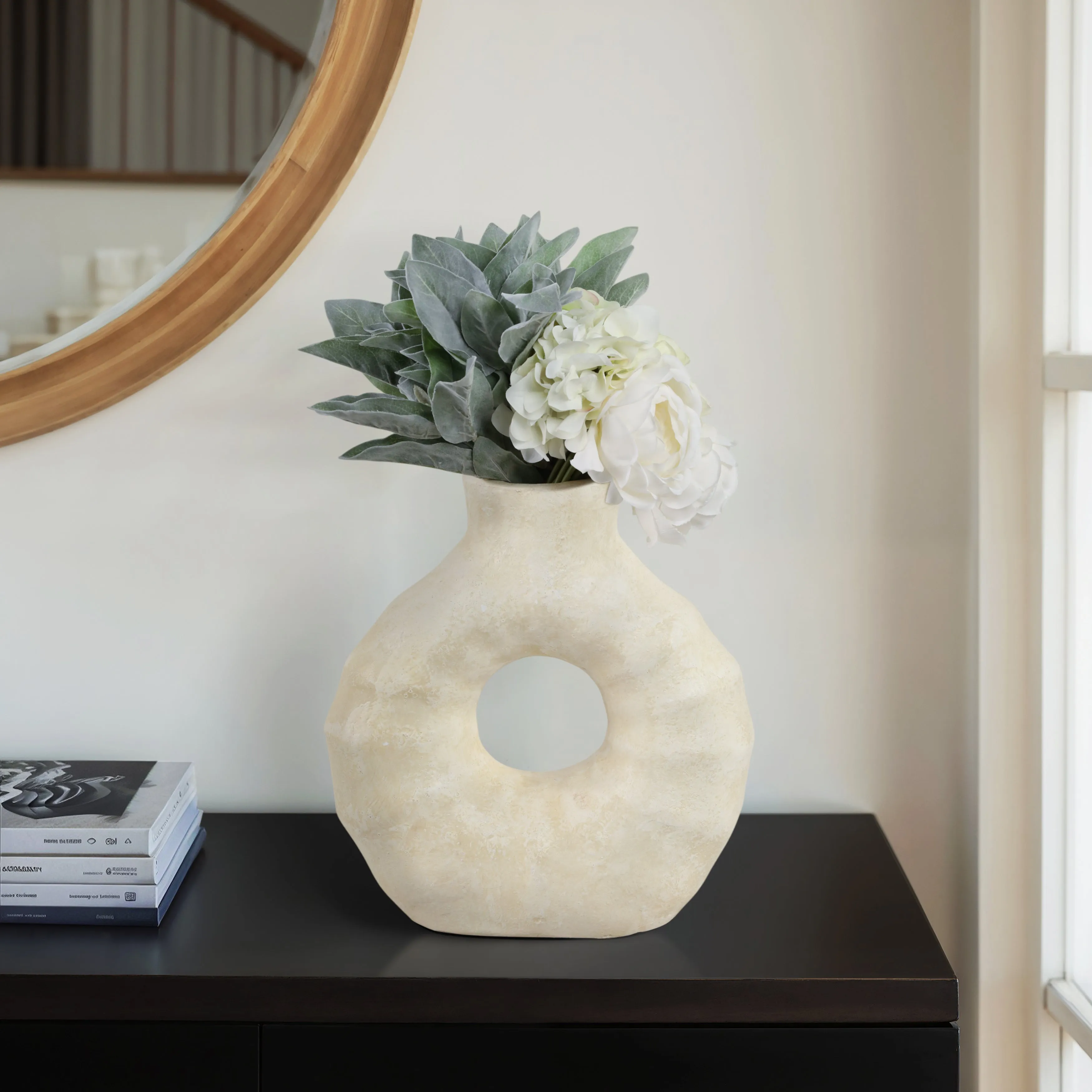 13" Ridged Open Cut-out Terracotta Vase, Ivory