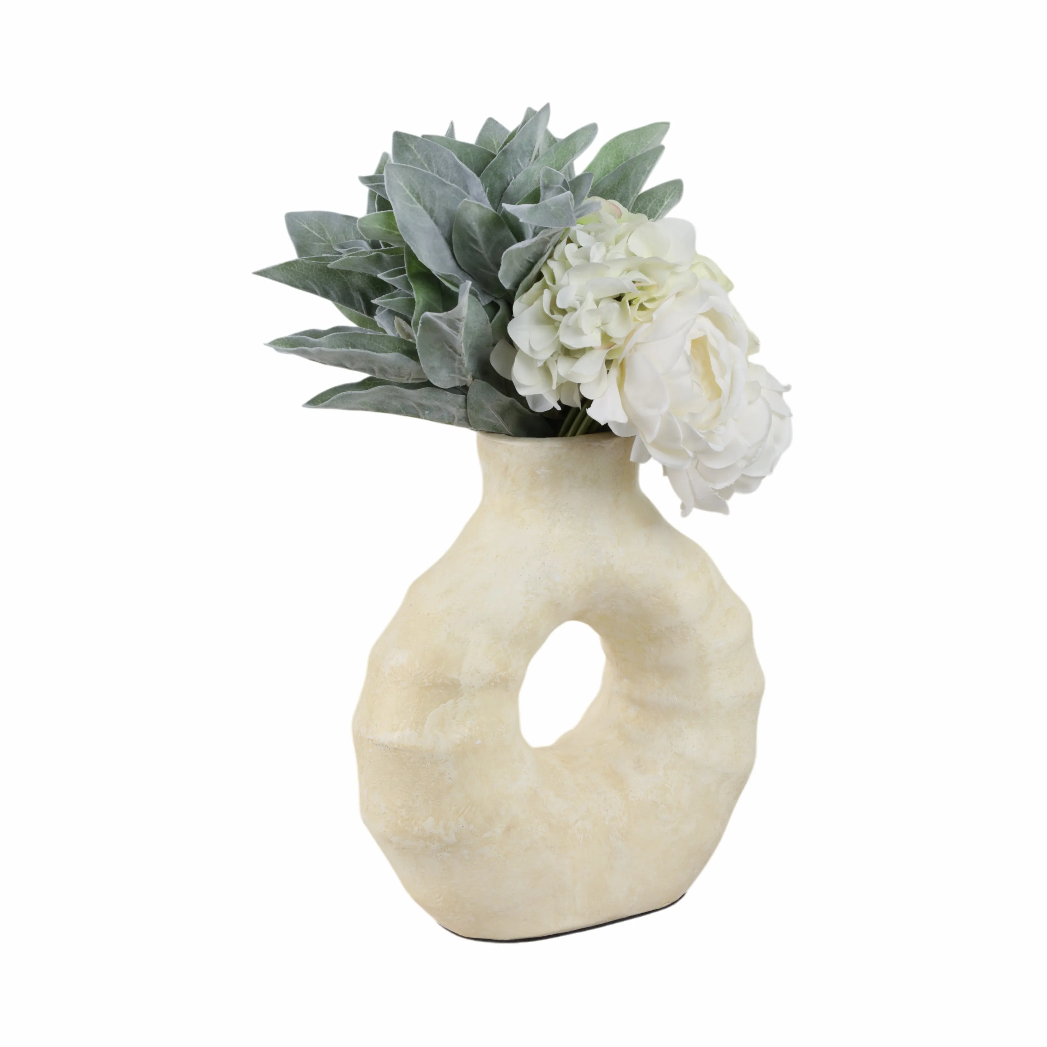 13" Ridged Open Cut-out Terracotta Vase, Ivory