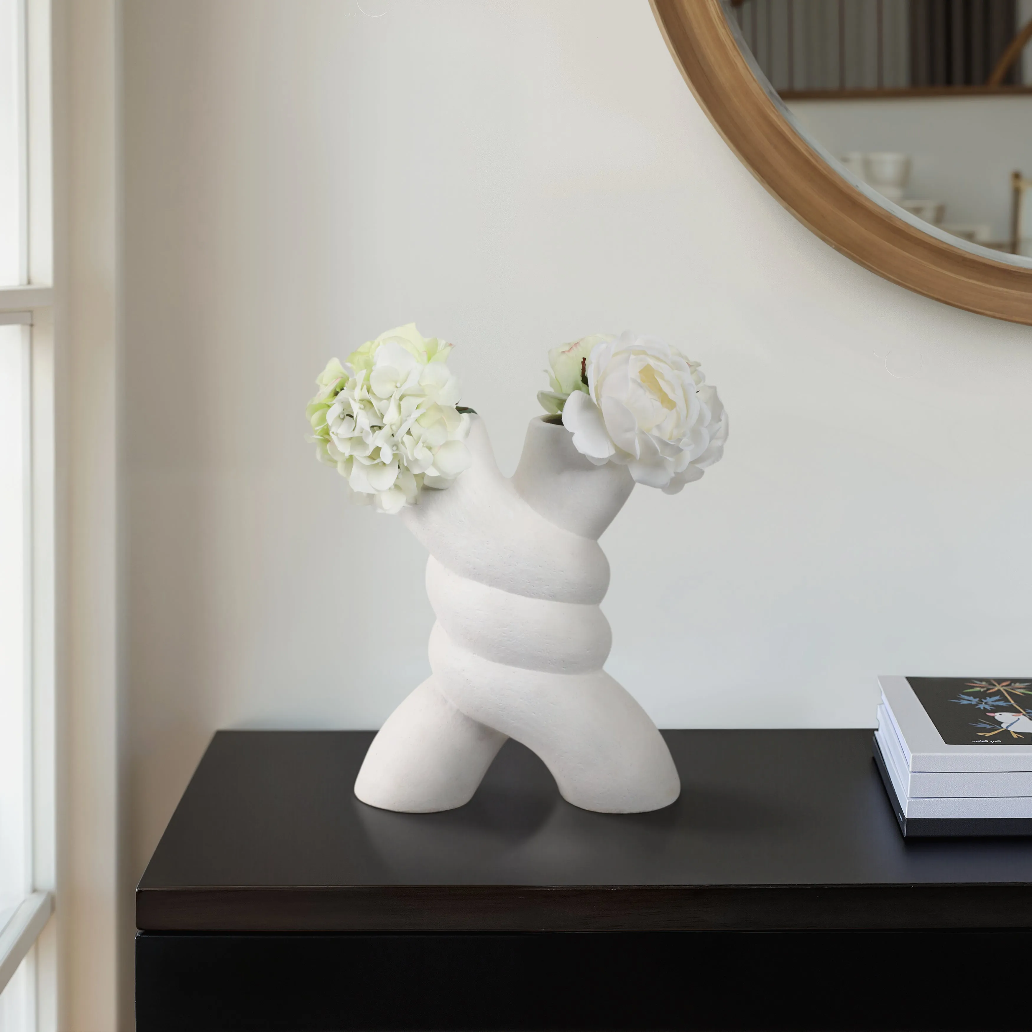 13" Twisted X Shape Terracotta Vase, White