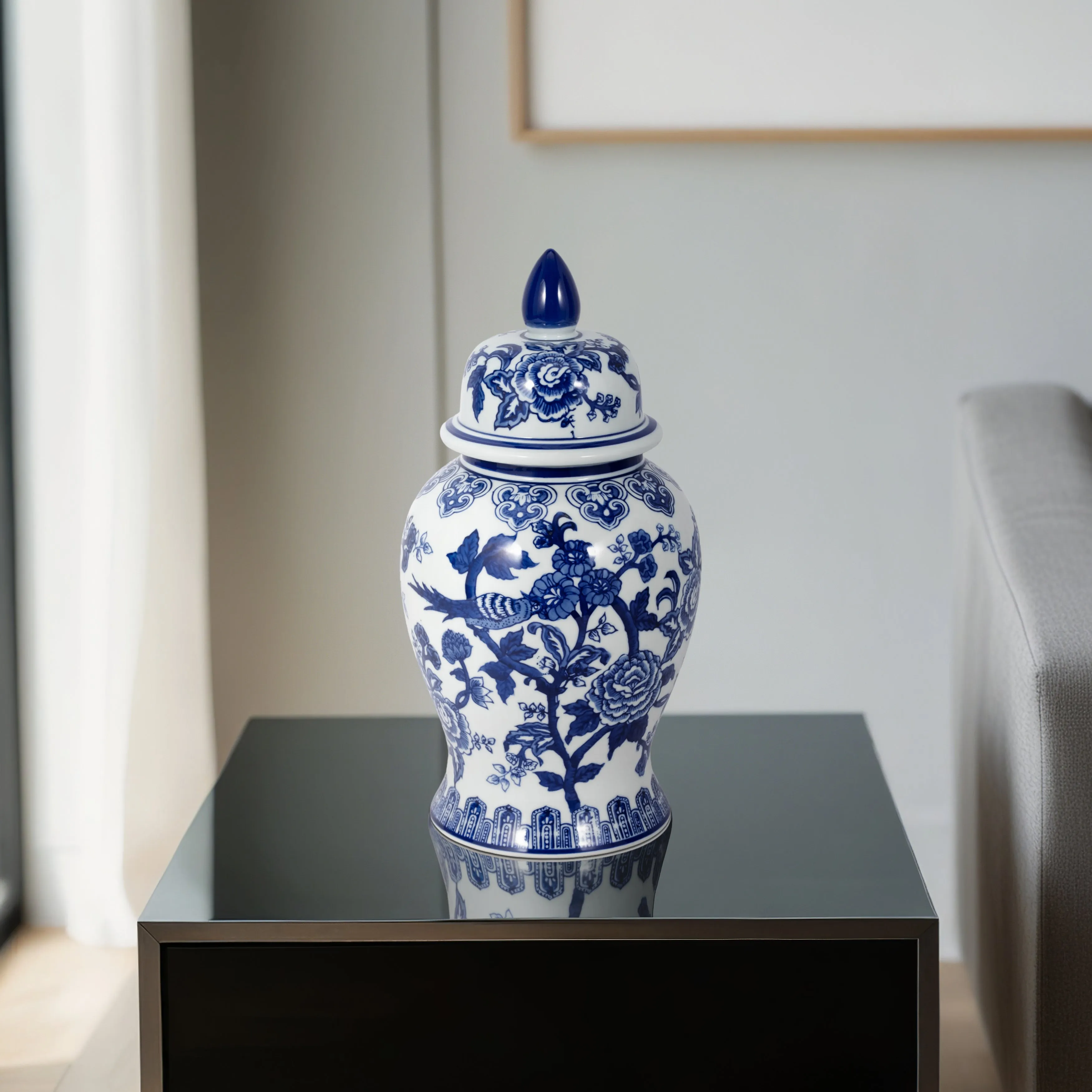 14" TEMPLE JAR BIRD/FLOWER, BLUE