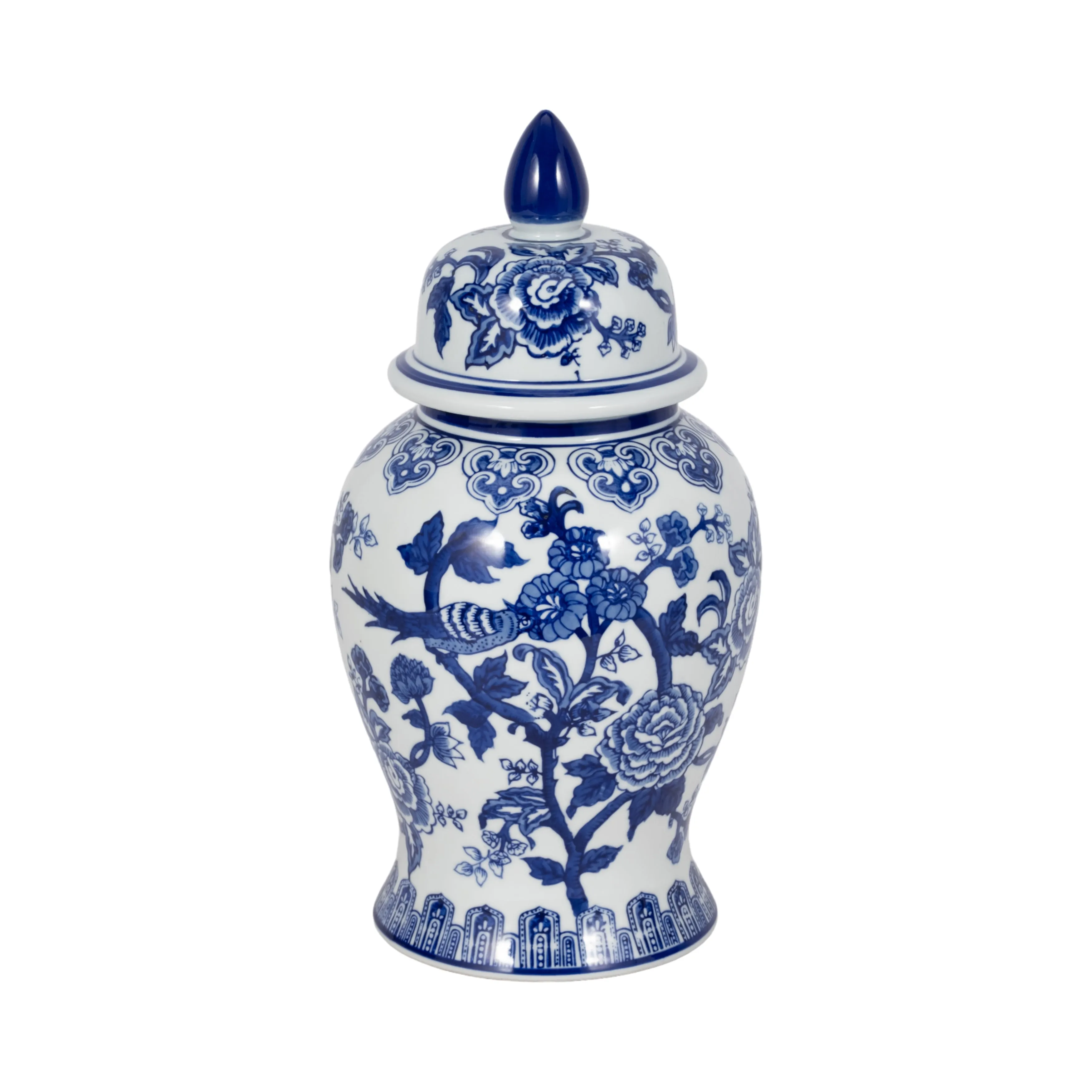 14" TEMPLE JAR BIRD/FLOWER, BLUE