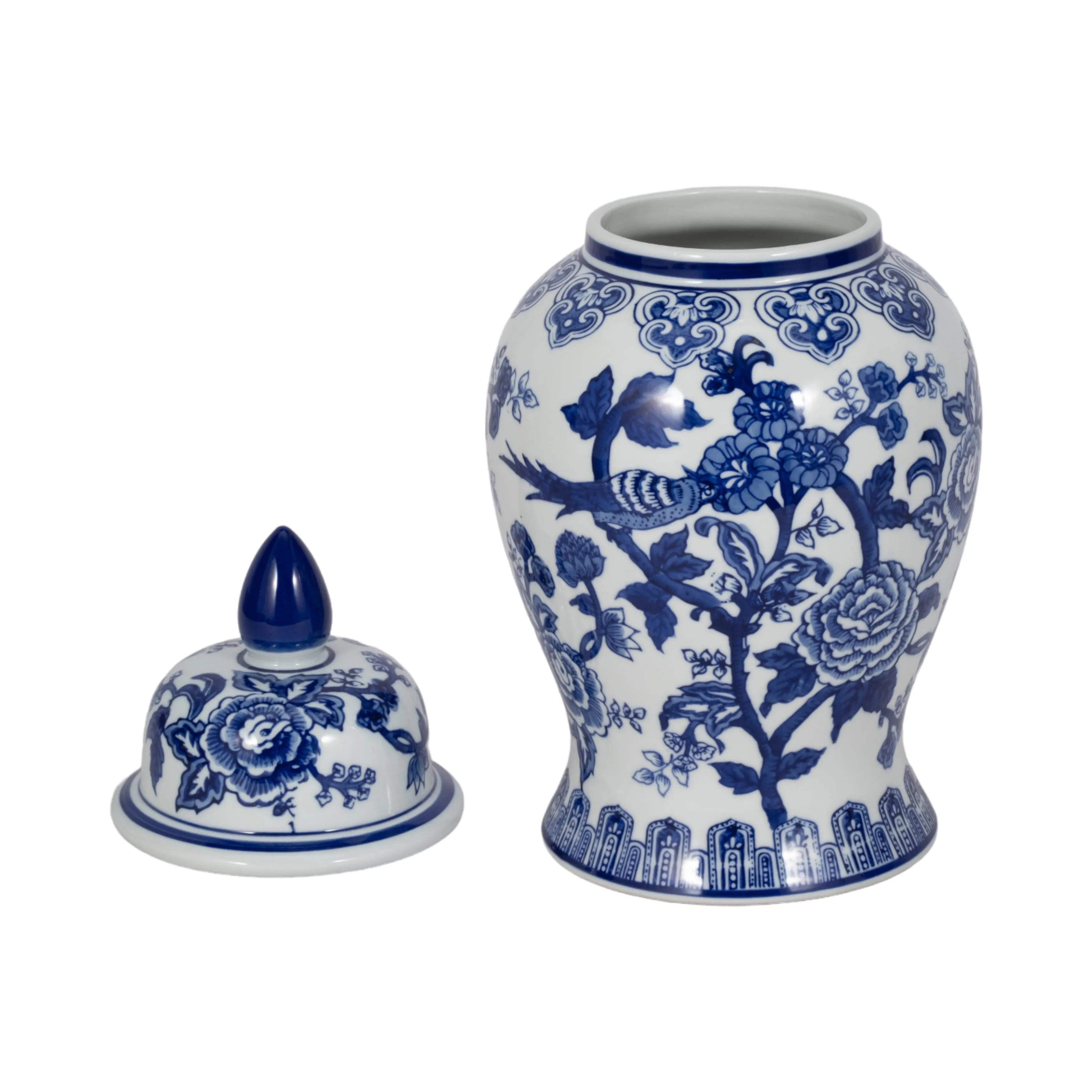 14" TEMPLE JAR BIRD/FLOWER, BLUE