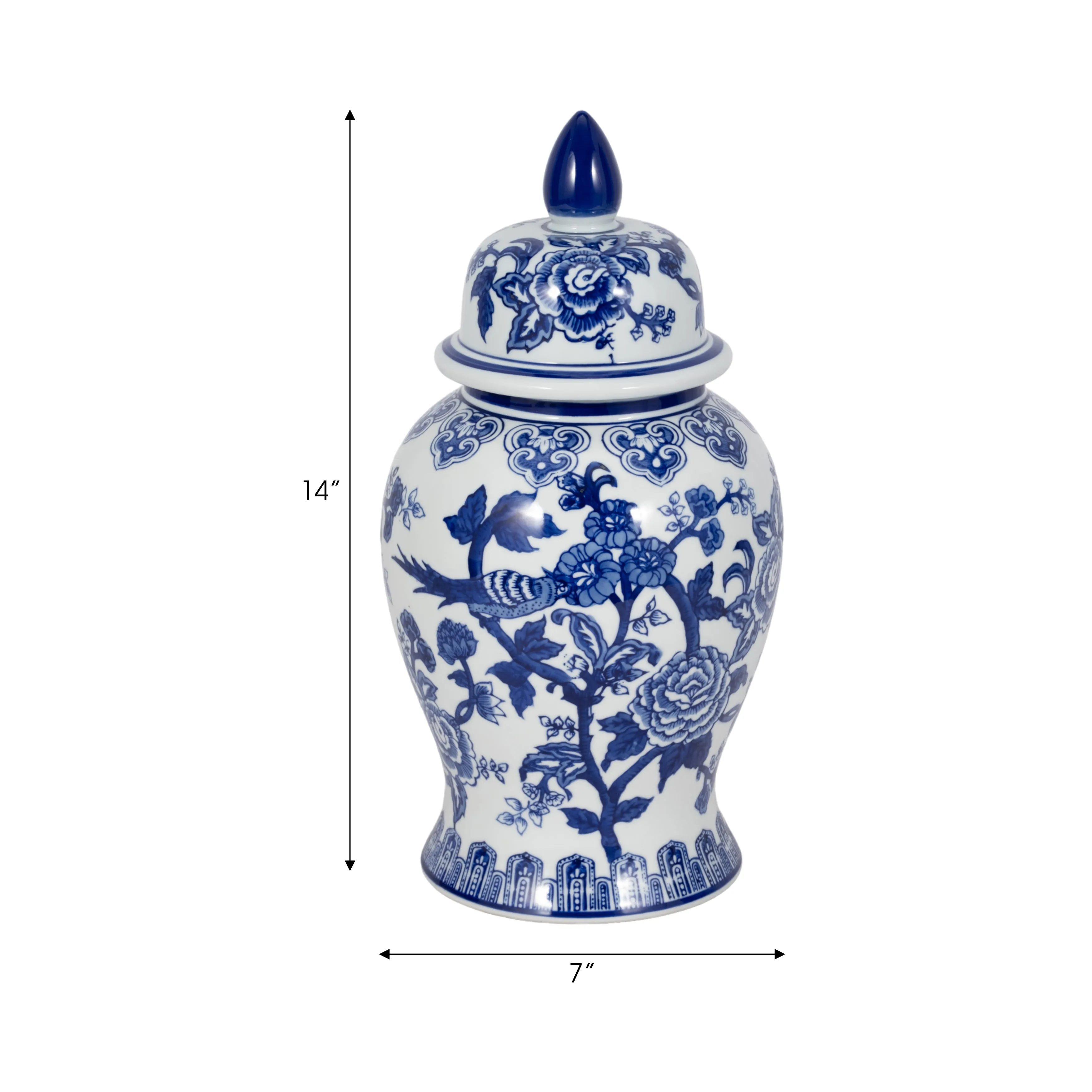 14" TEMPLE JAR BIRD/FLOWER, BLUE