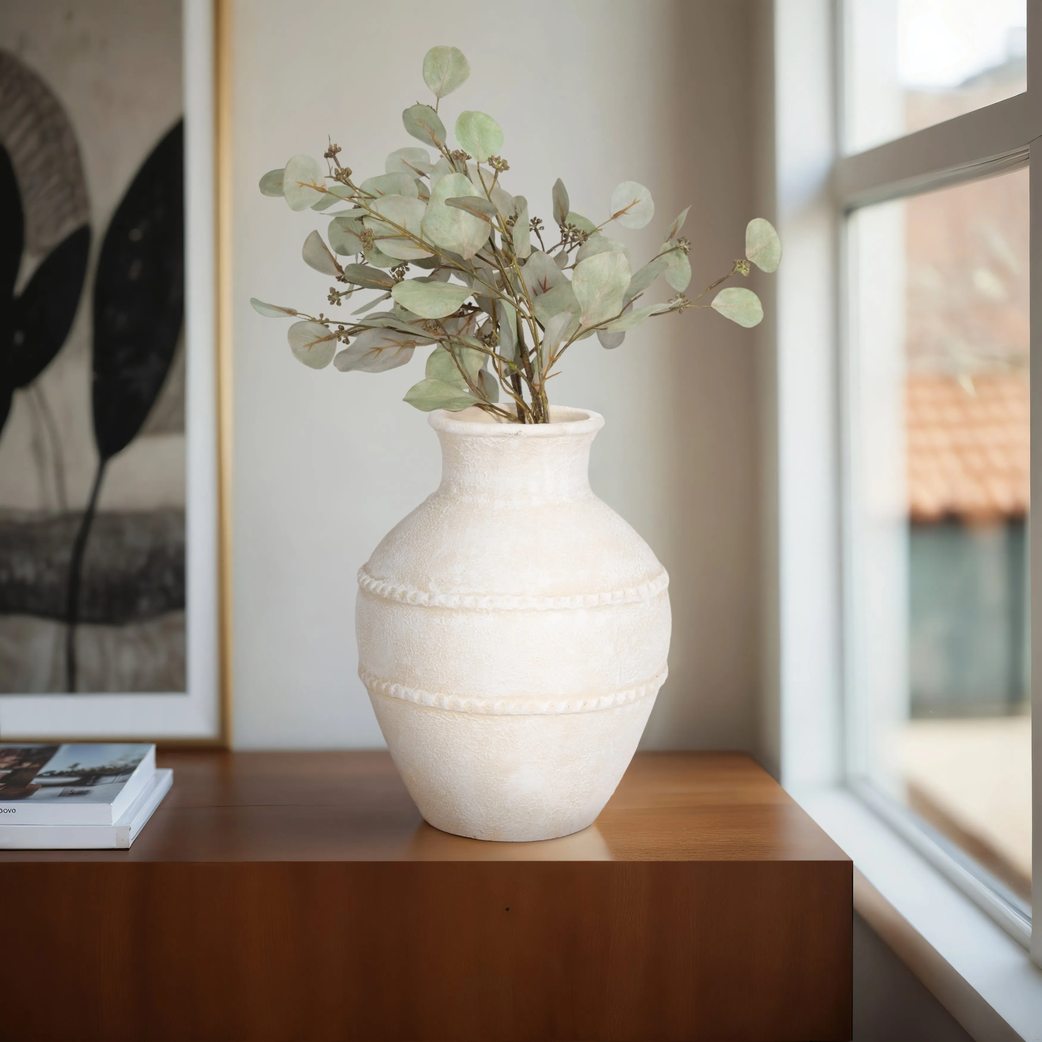 14" Traditional Textured Terracotta Vase, Ivory