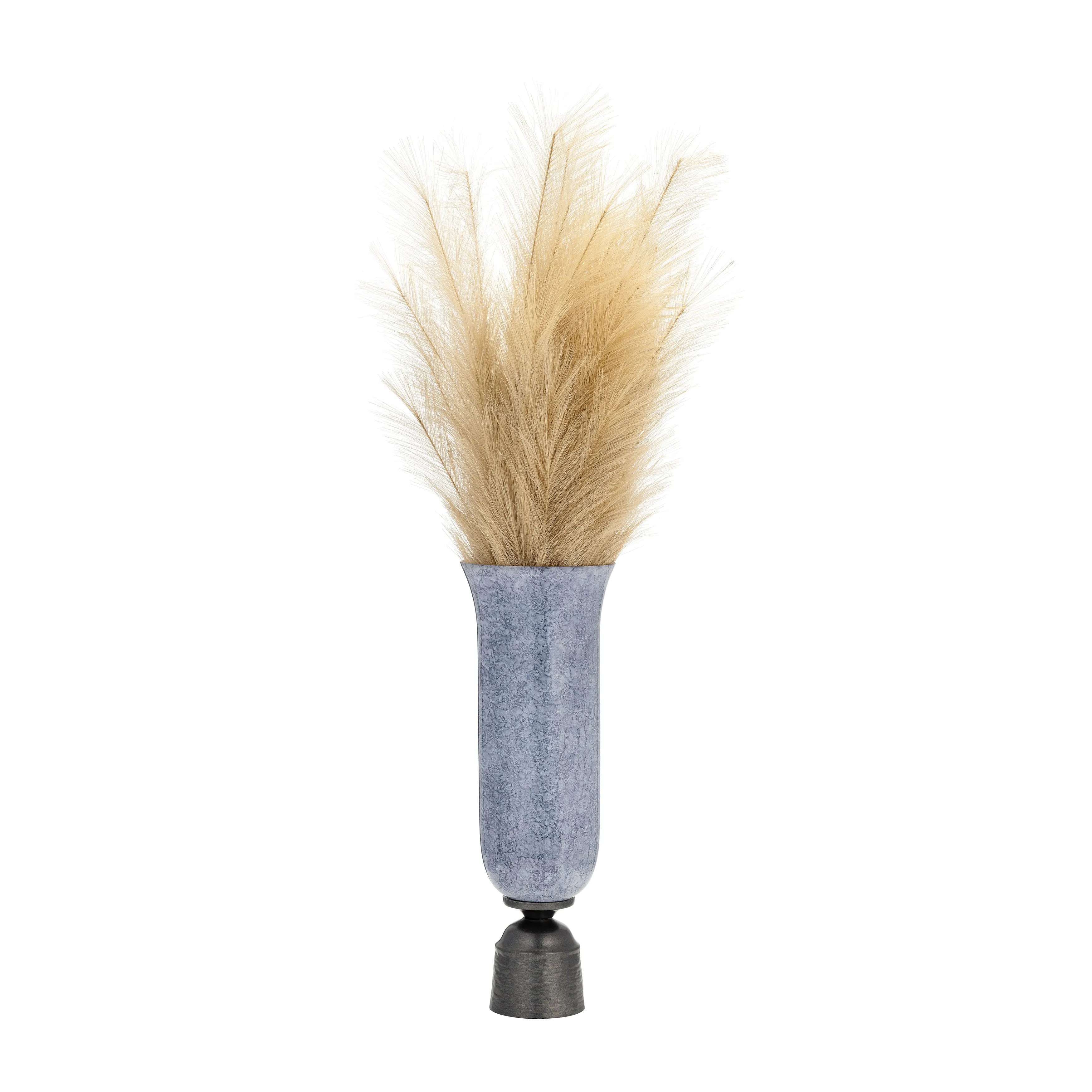 16", GLASS VASE W/METAL BASE, BLUE
