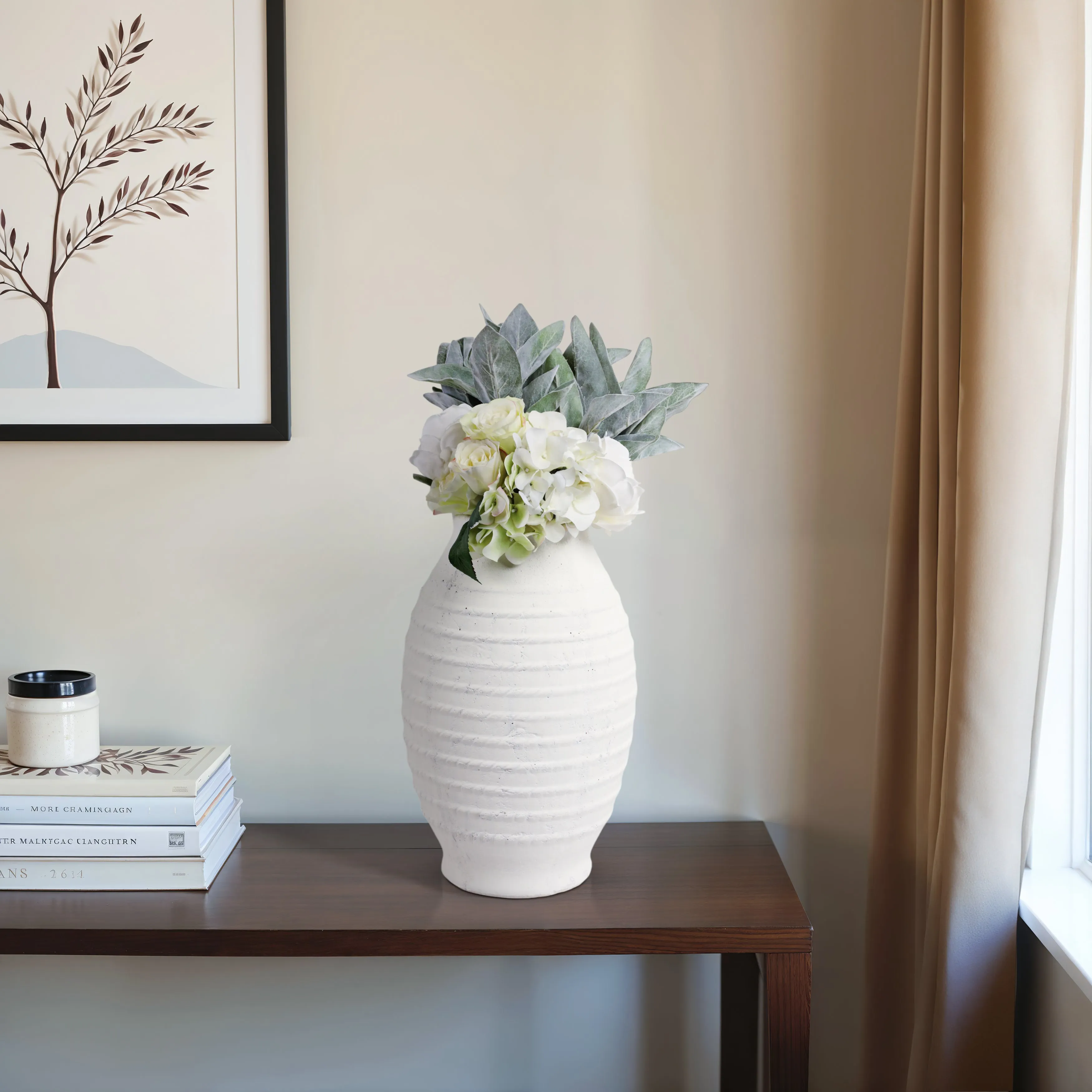 16" Rope Ribbed Terracotta Vase, White