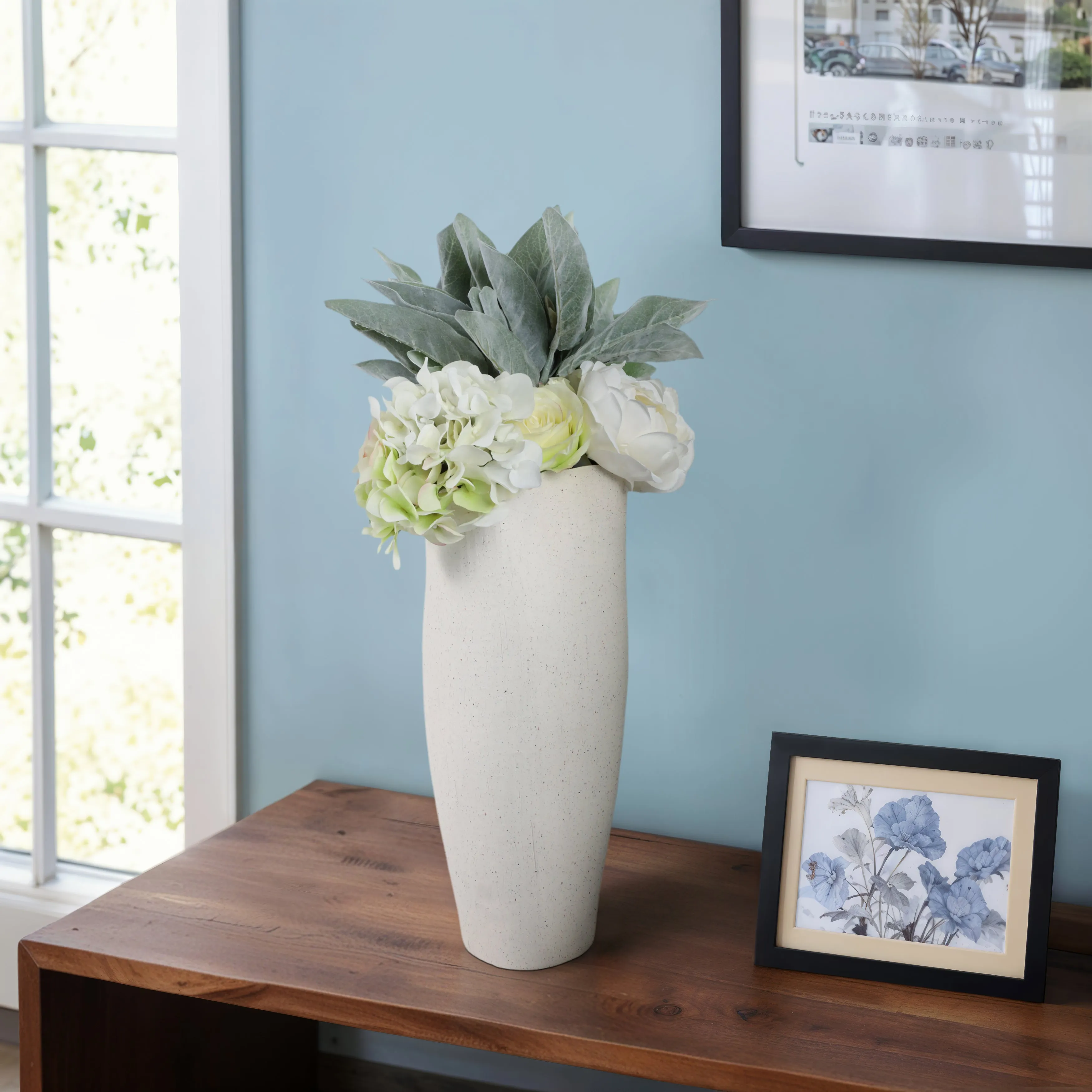 16x7" Textured Organic Vase Reactive Inside, White