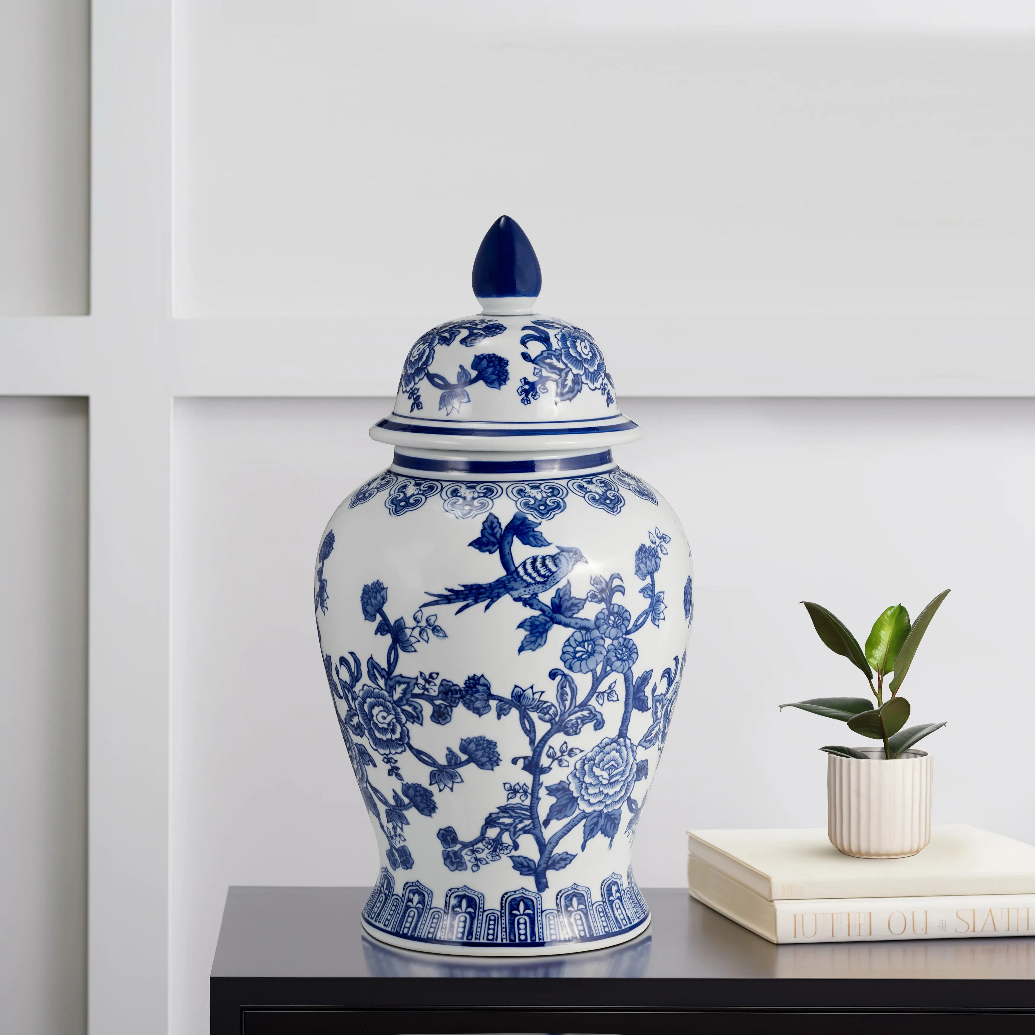 18" TEMPLE JAR BIRD/FLOWER, BLUE