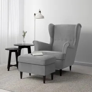2 Pieces Velvet Chair king with Two Wings And FootStool - Gray - E3