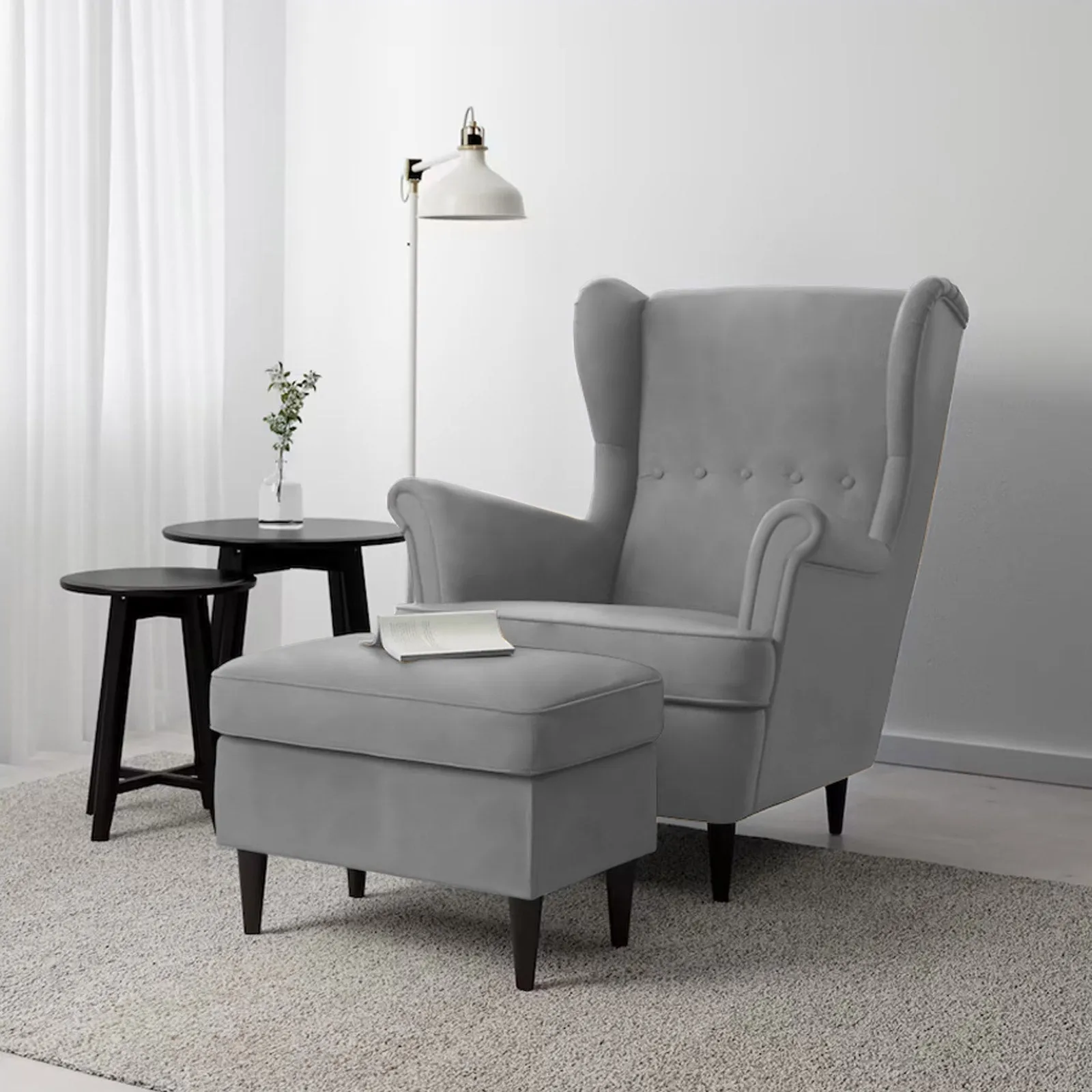 2 Pieces Velvet Chair king with Two Wings And FootStool - Gray - E3