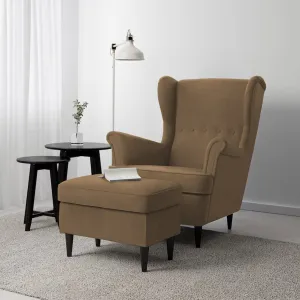 2 Pieces Velvet Chair king with Two Wings And FootStool - Light Brown - E3