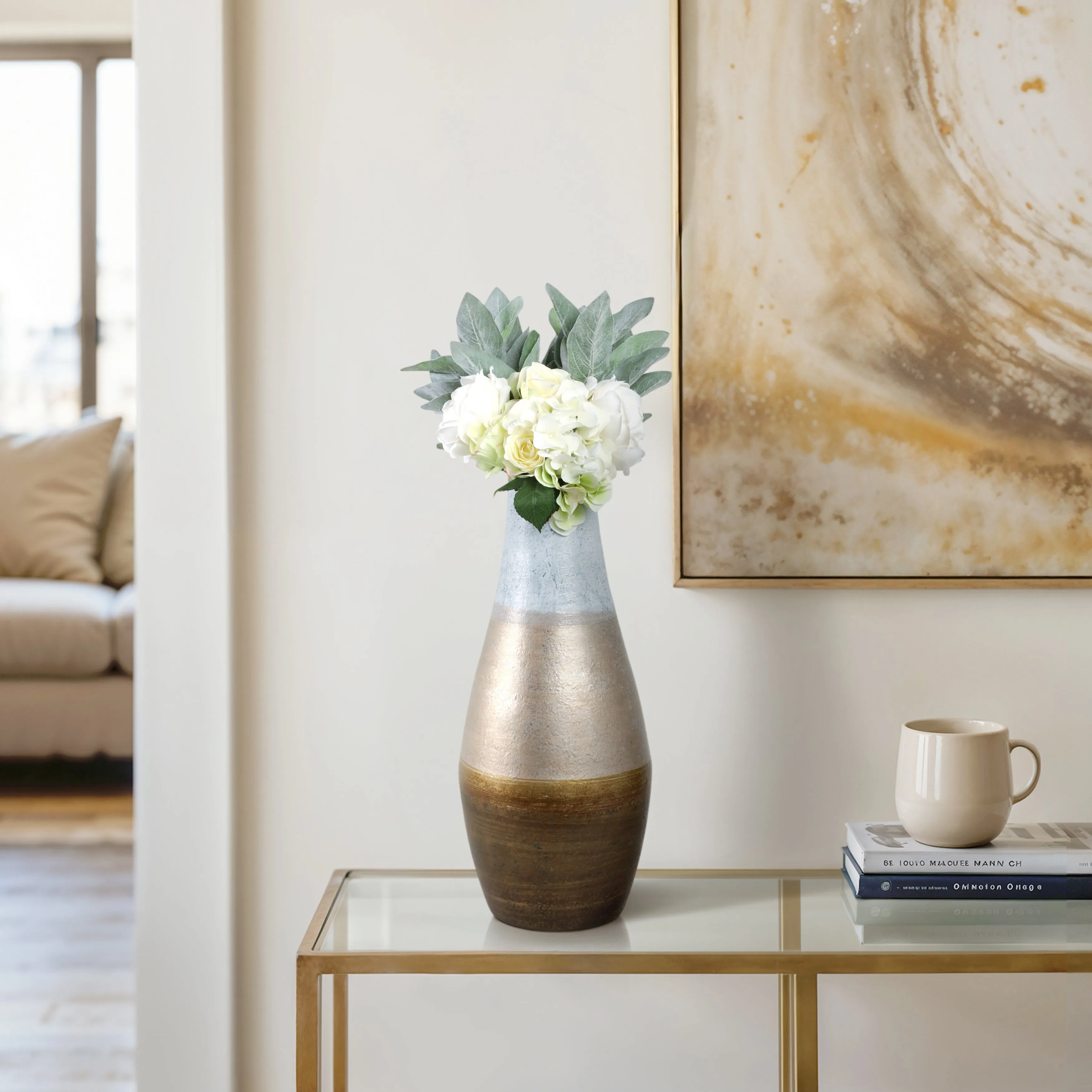 21"gold Ombre Metal Hourglss Vase,wht/gld
