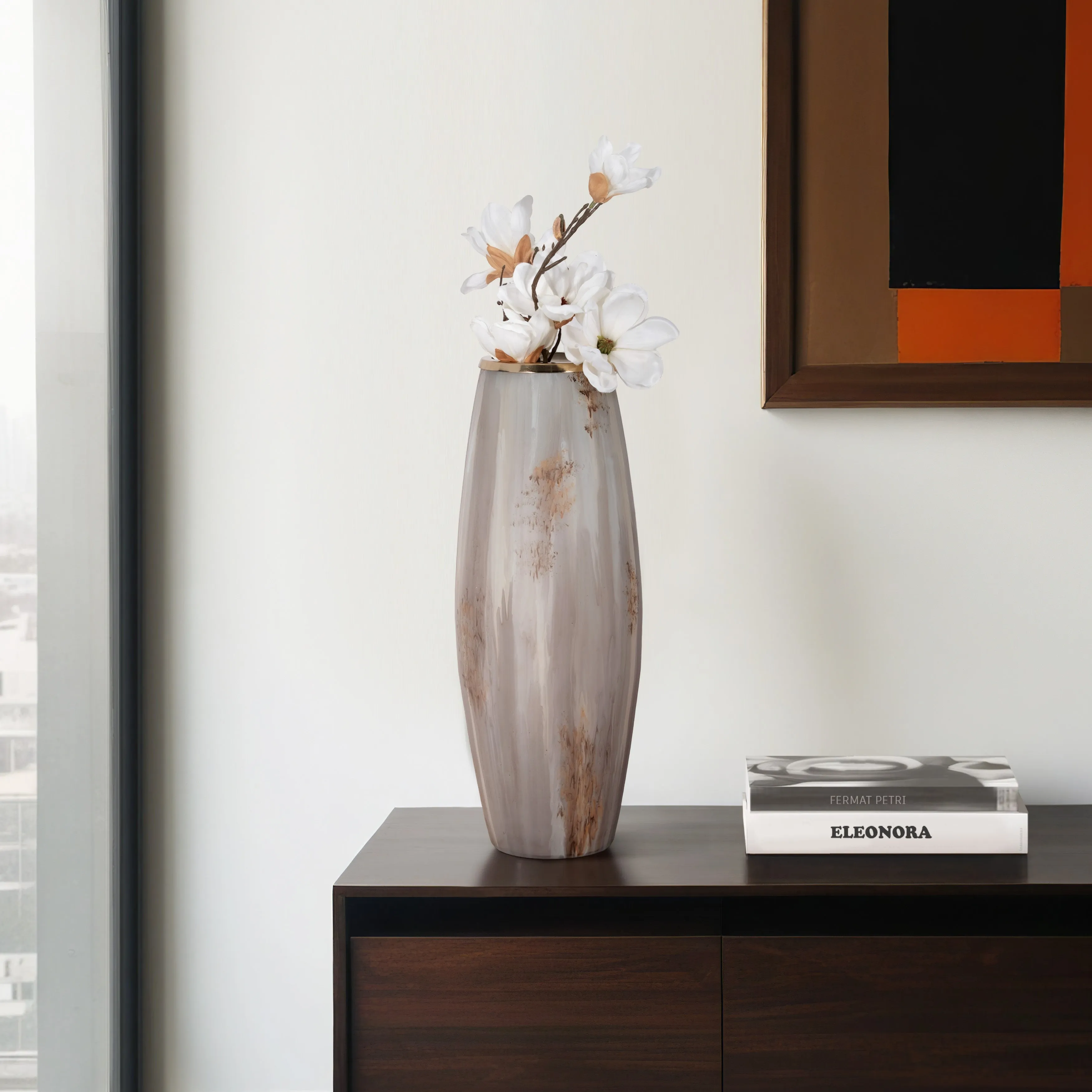 24" Curved Glass Vase Opal Finish, Ivory Multi