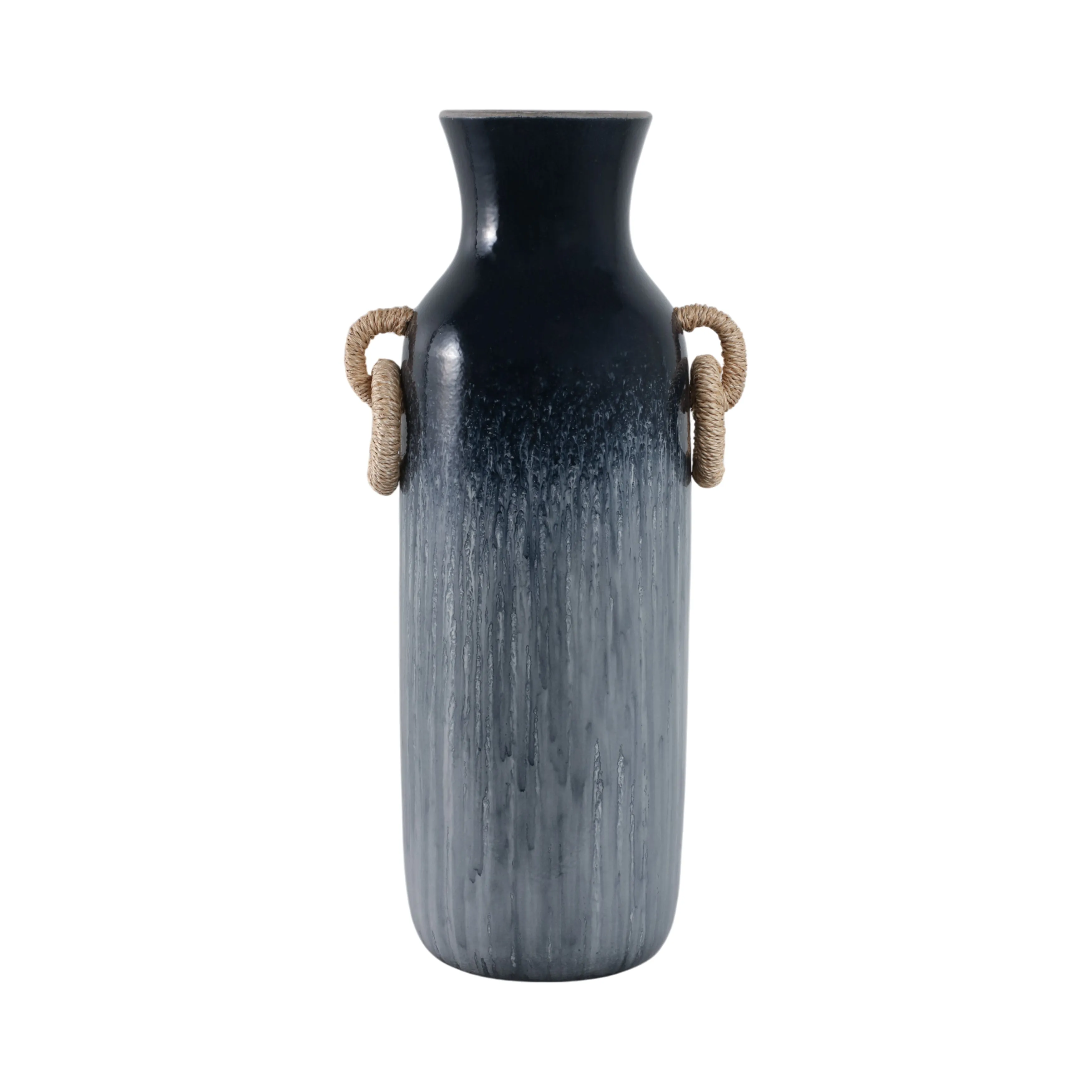 24" Vase With Rattan Handles Reactive Finish, Blue