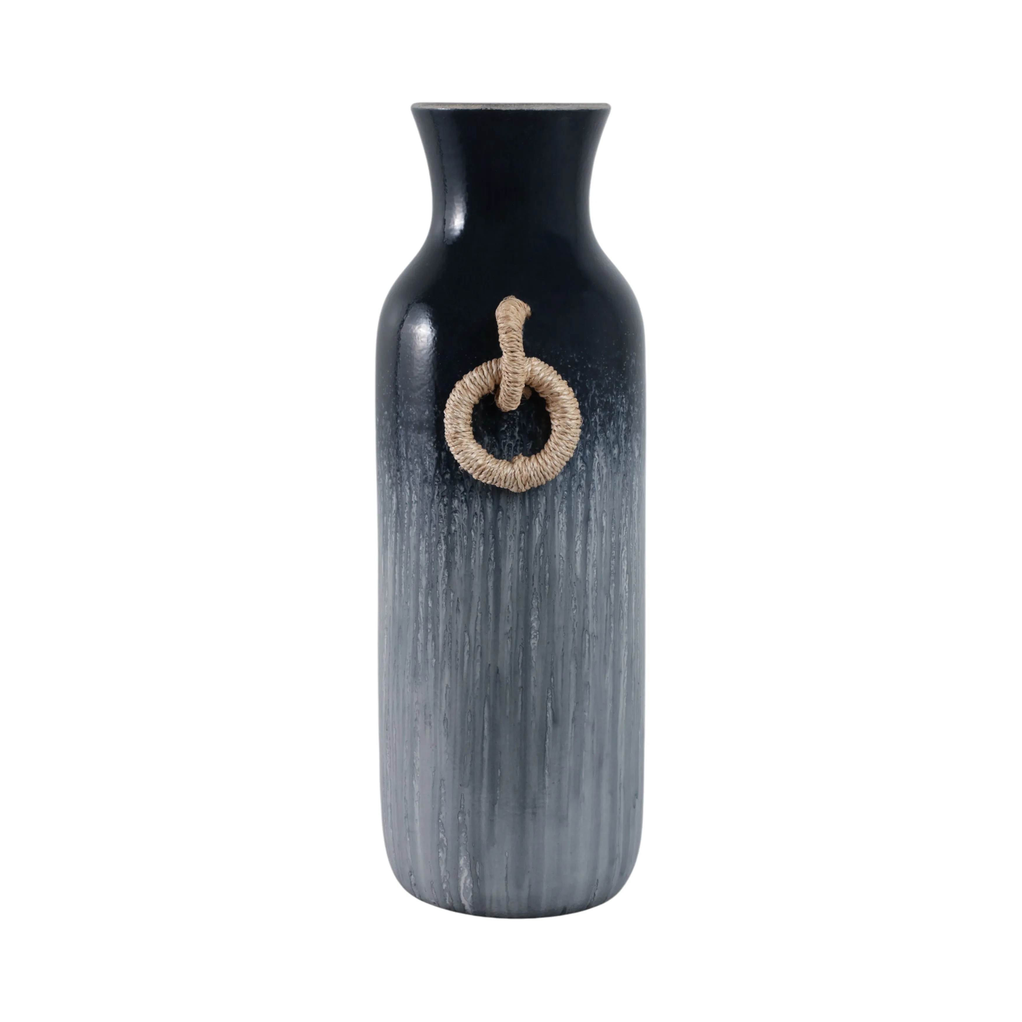 24" Vase With Rattan Handles Reactive Finish, Blue
