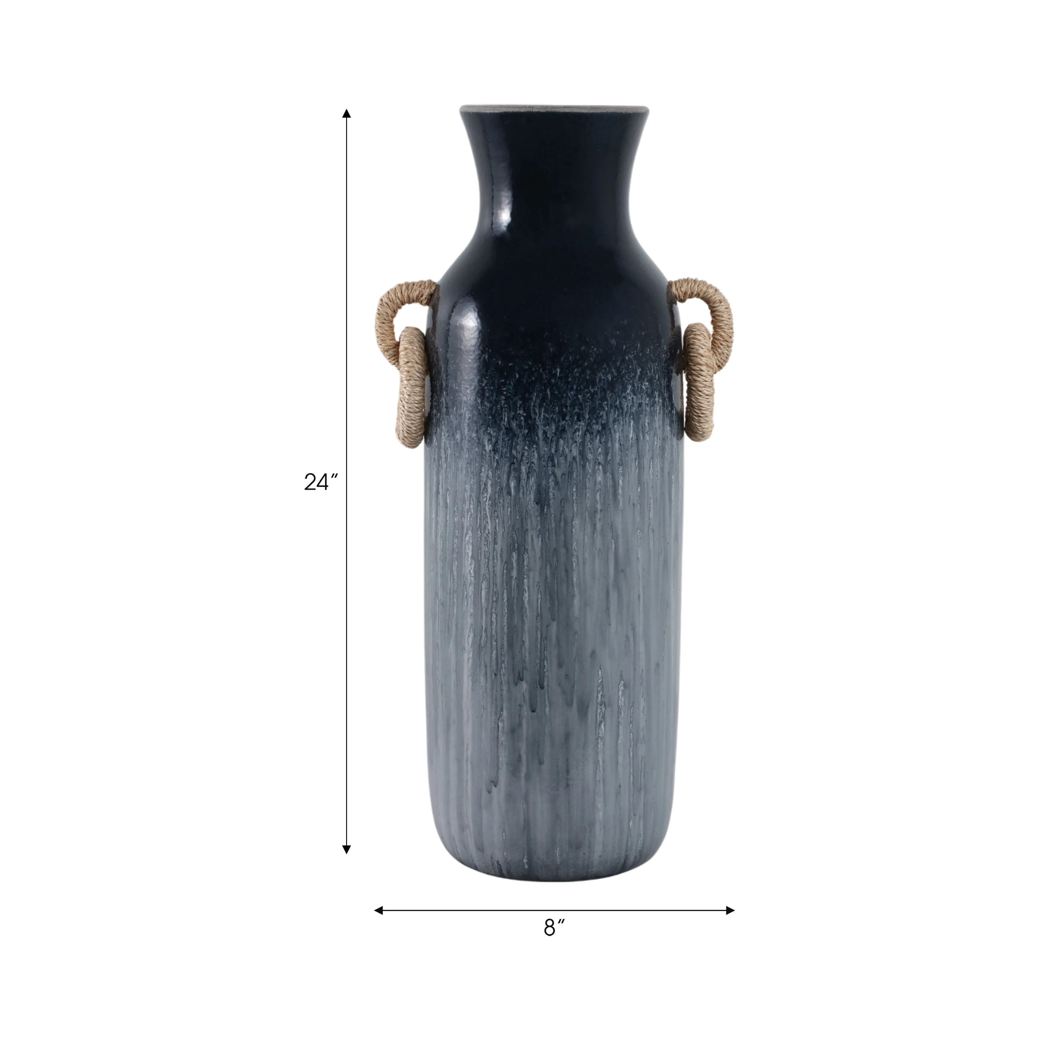 24" Vase With Rattan Handles Reactive Finish, Blue