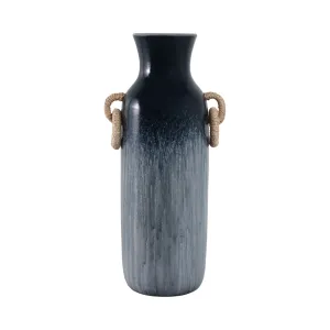 24" Vase With Rattan Handles Reactive Finish, Blue