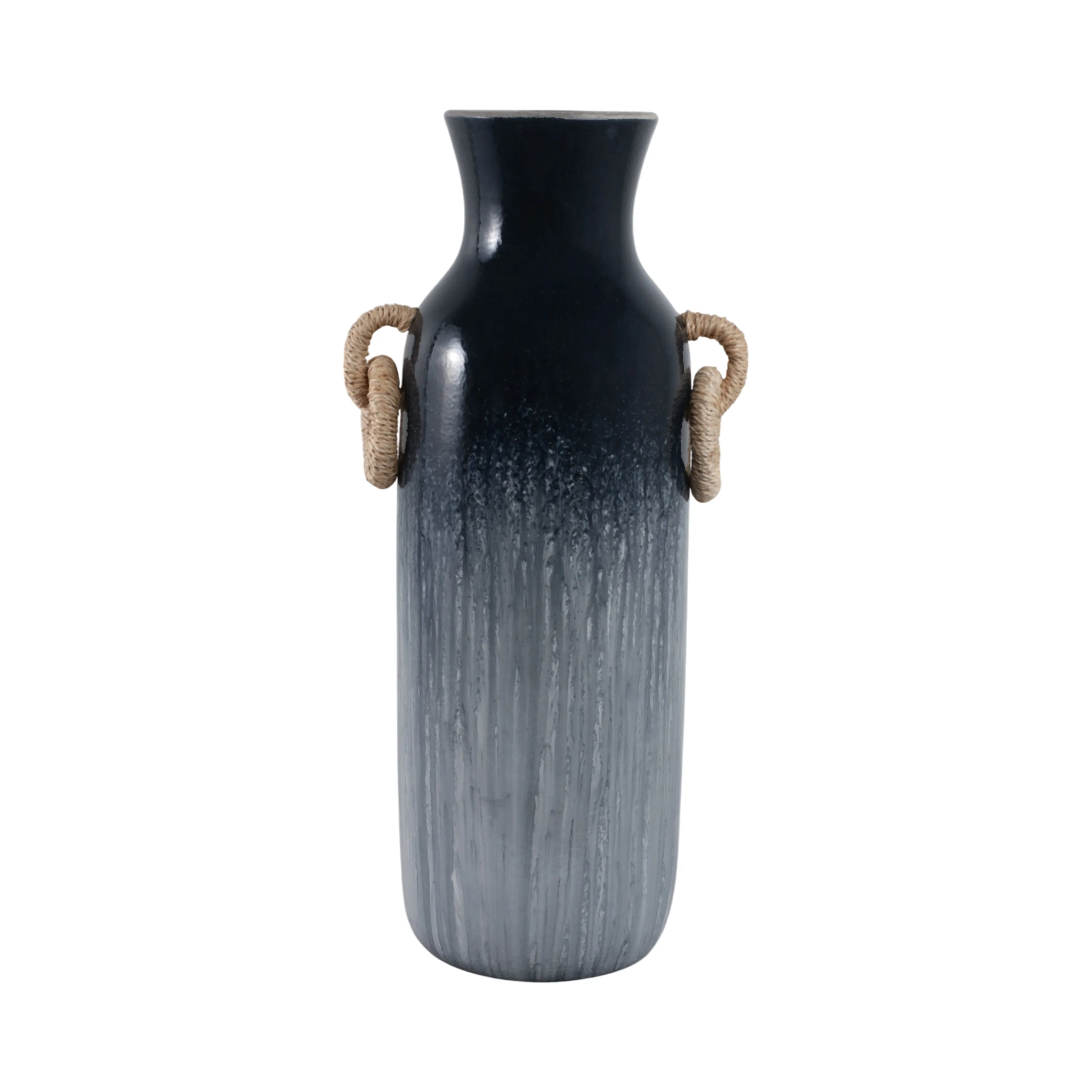 24" Vase With Rattan Handles Reactive Finish, Blue
