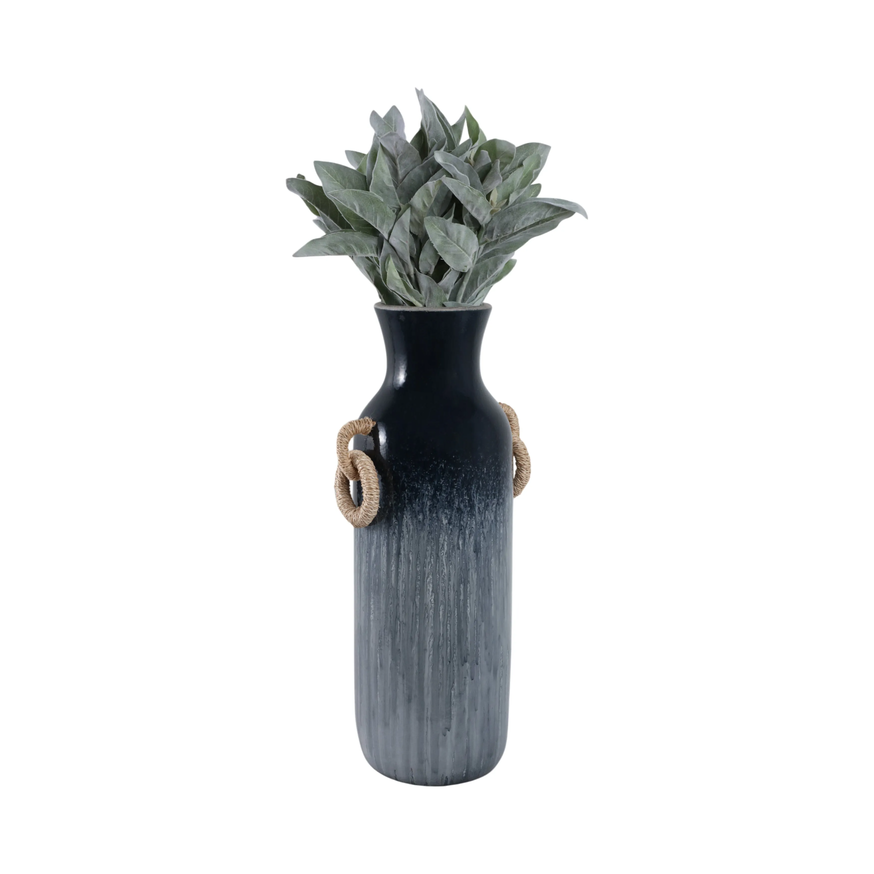 24" Vase With Rattan Handles Reactive Finish, Blue