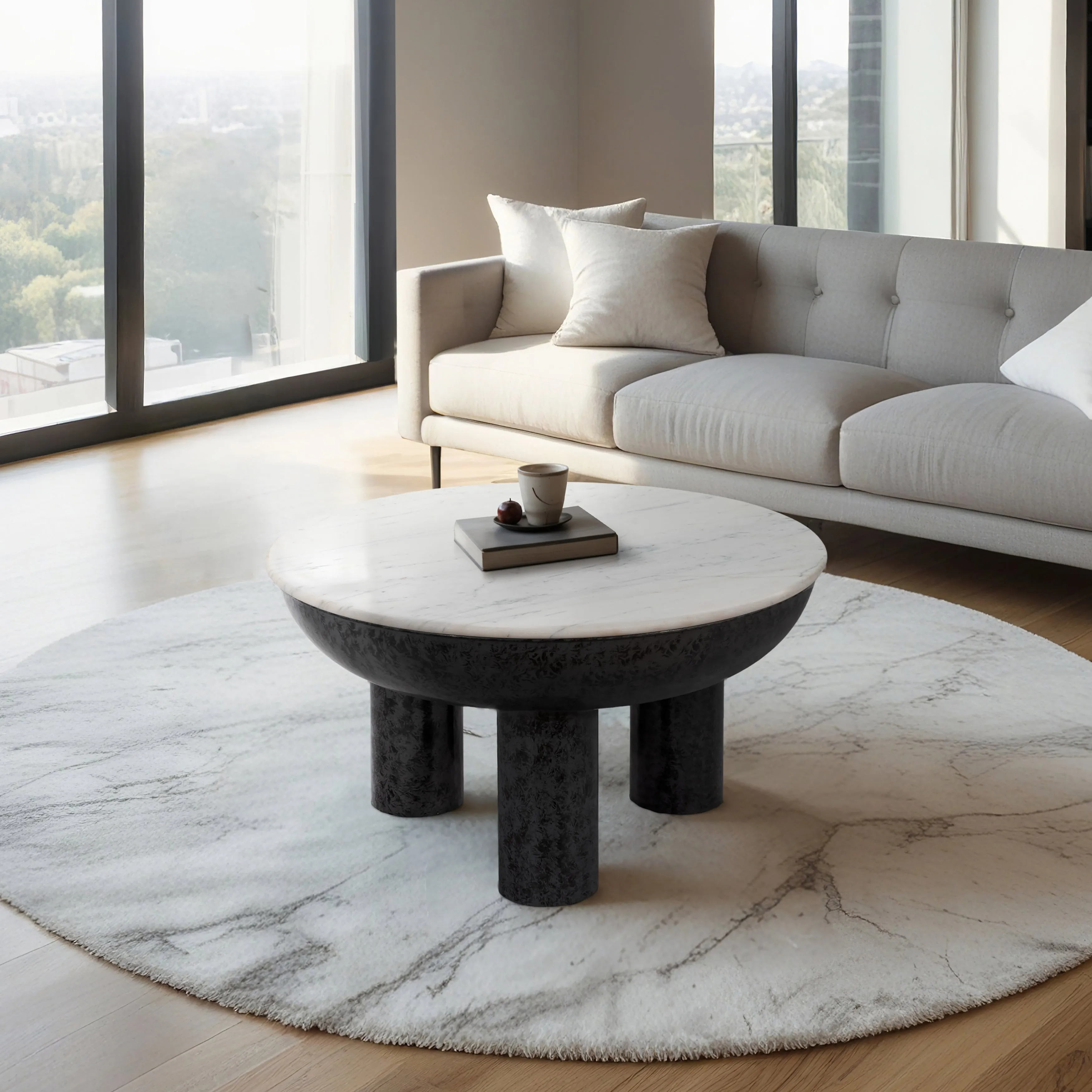33" Chunky Leg Coffee Table Marble Top, White/blk