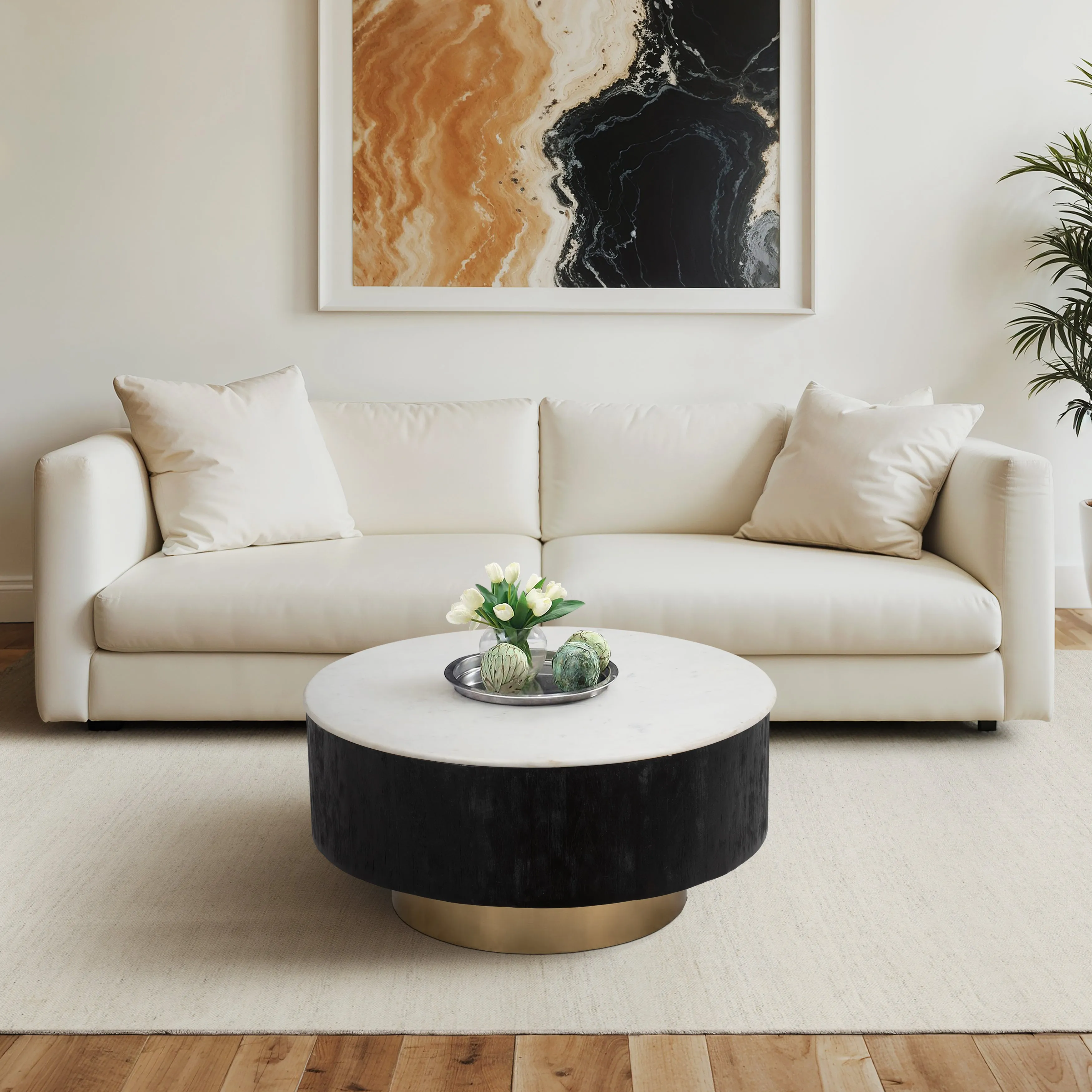 34" Gold Pedestal Coffee Table Marble Top, Wht/blk