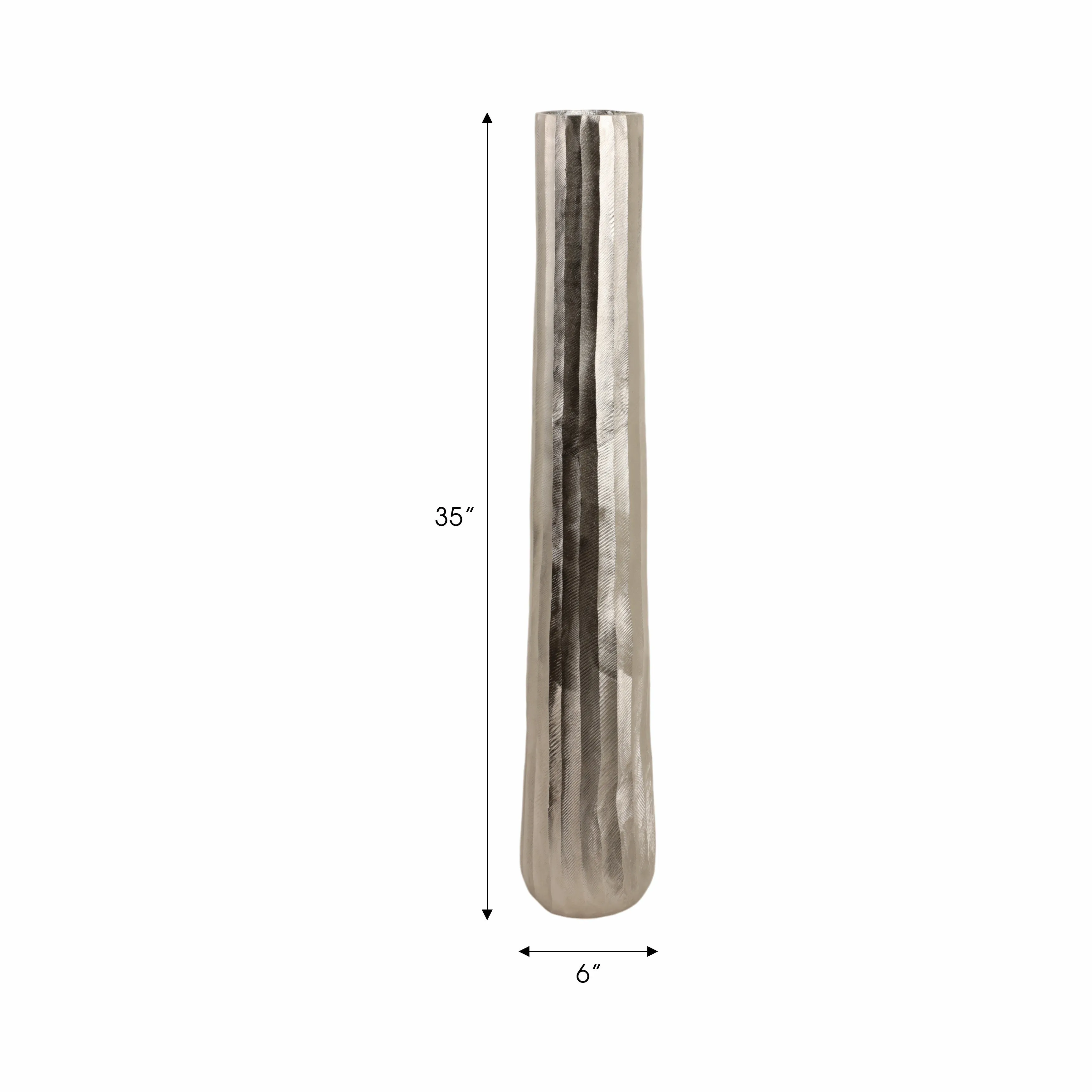 35" Rounded Etched Metal Floor Vase, Silver