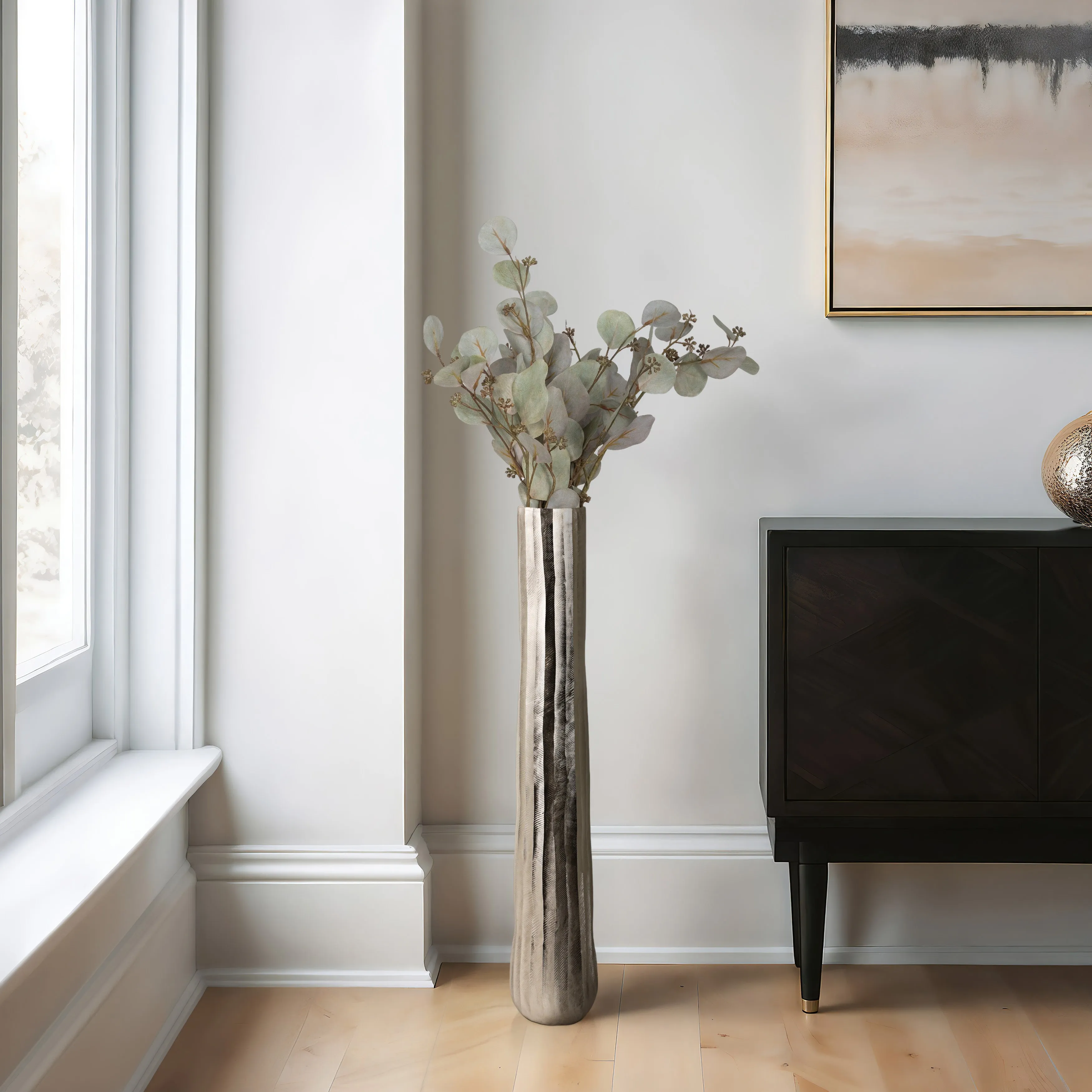 35" Rounded Etched Metal Floor Vase, Silver