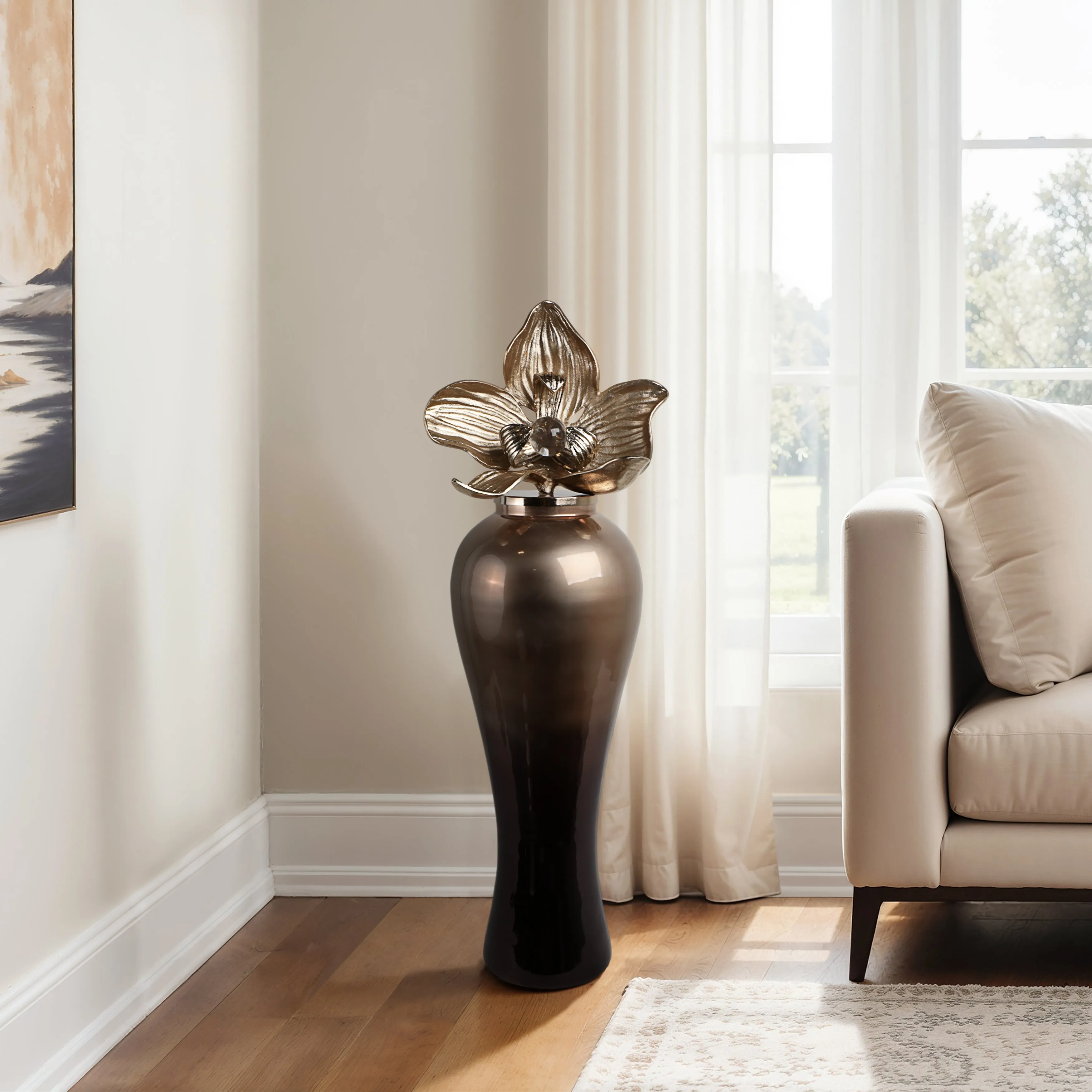 42"quincy Large Oversized Vase W/metal Flwer Toppr
