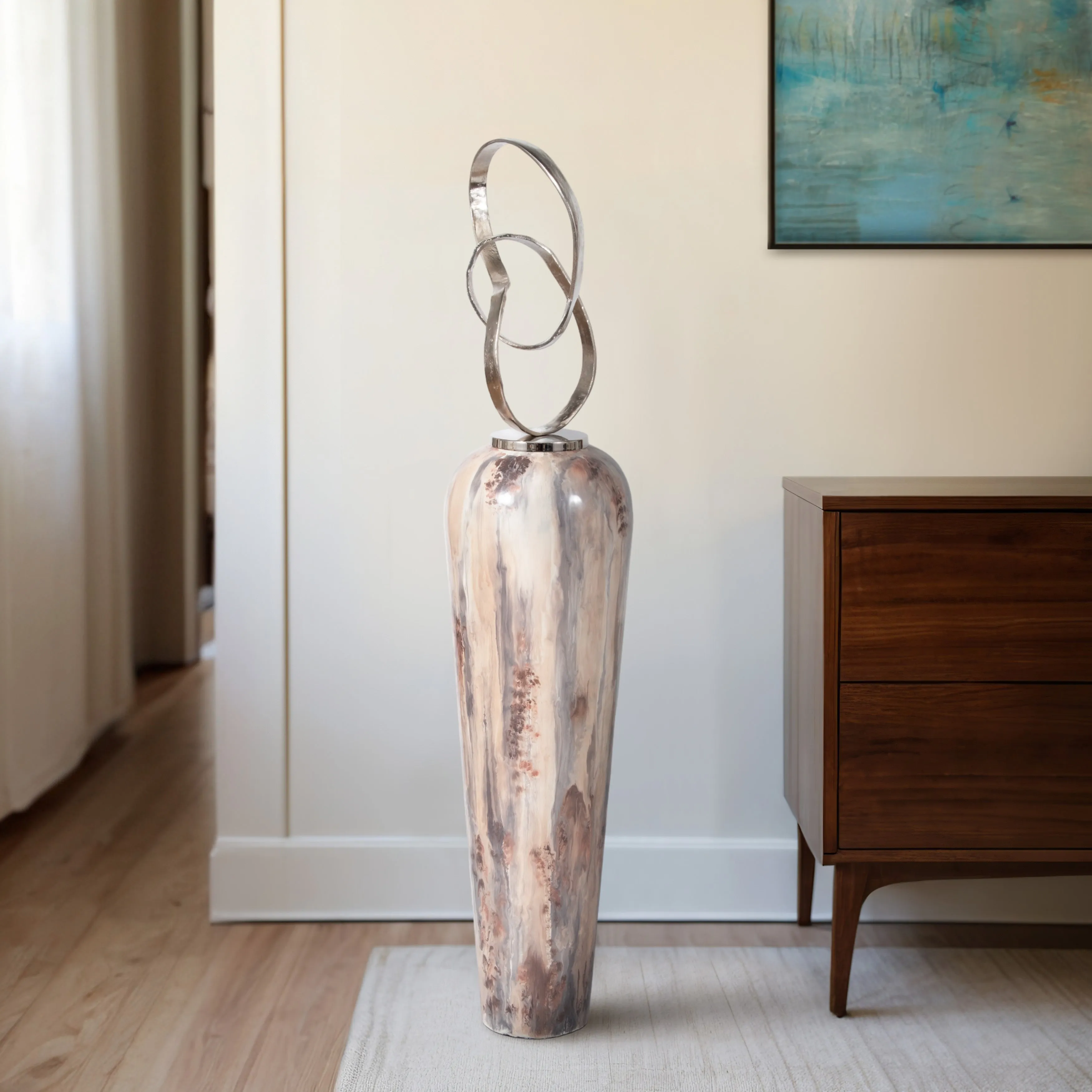 56" Floor Vase With Loop Swirl Top, Ivory