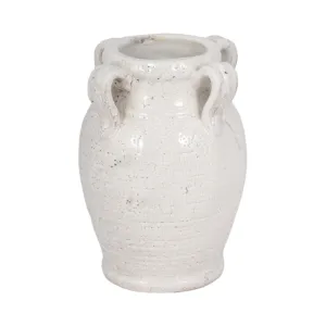7" Terracotta Vase With Handles, White Crackle