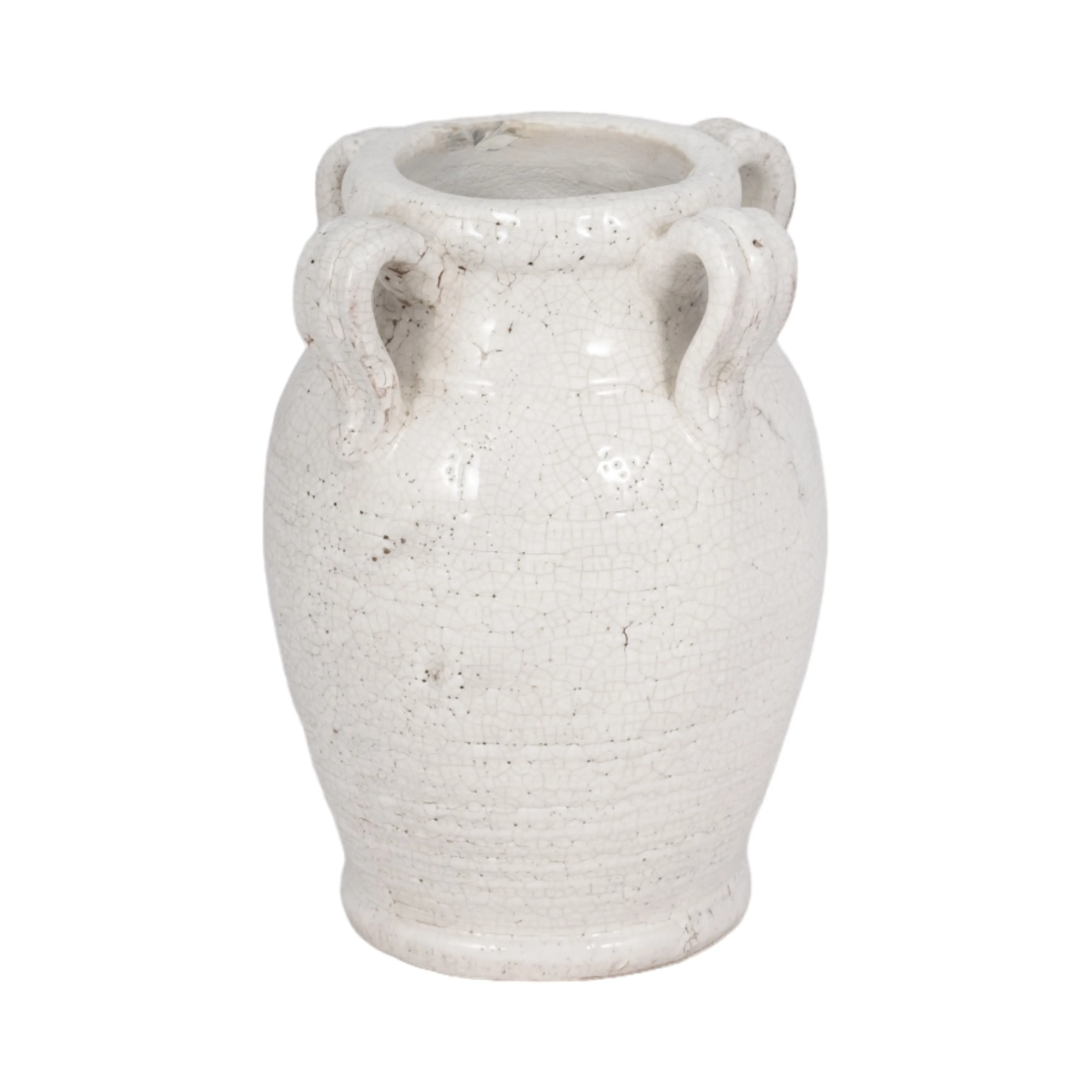 7" Terracotta Vase With Handles, White Crackle