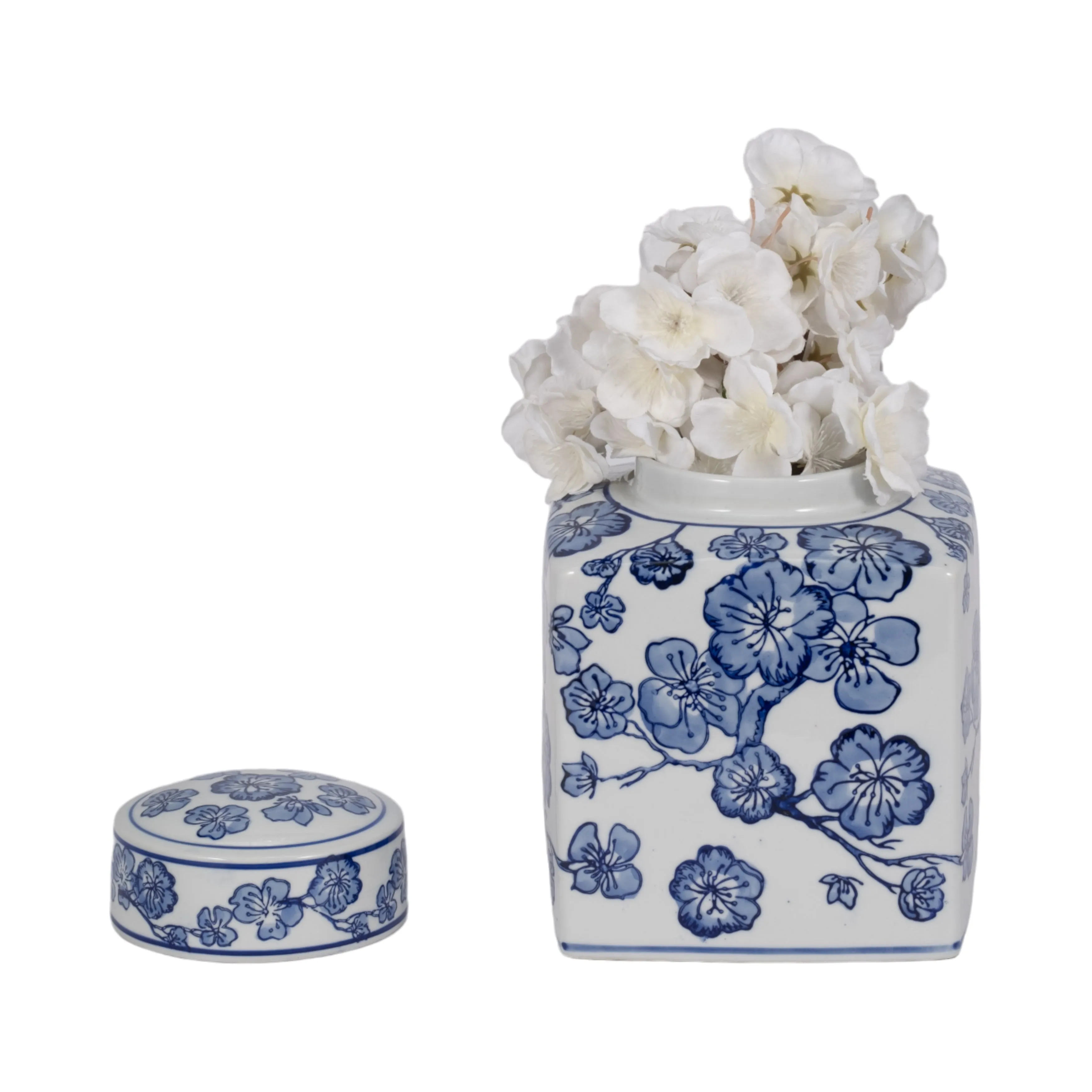 8" Cherry Blossom Chinoiserie Jar, Blue/white