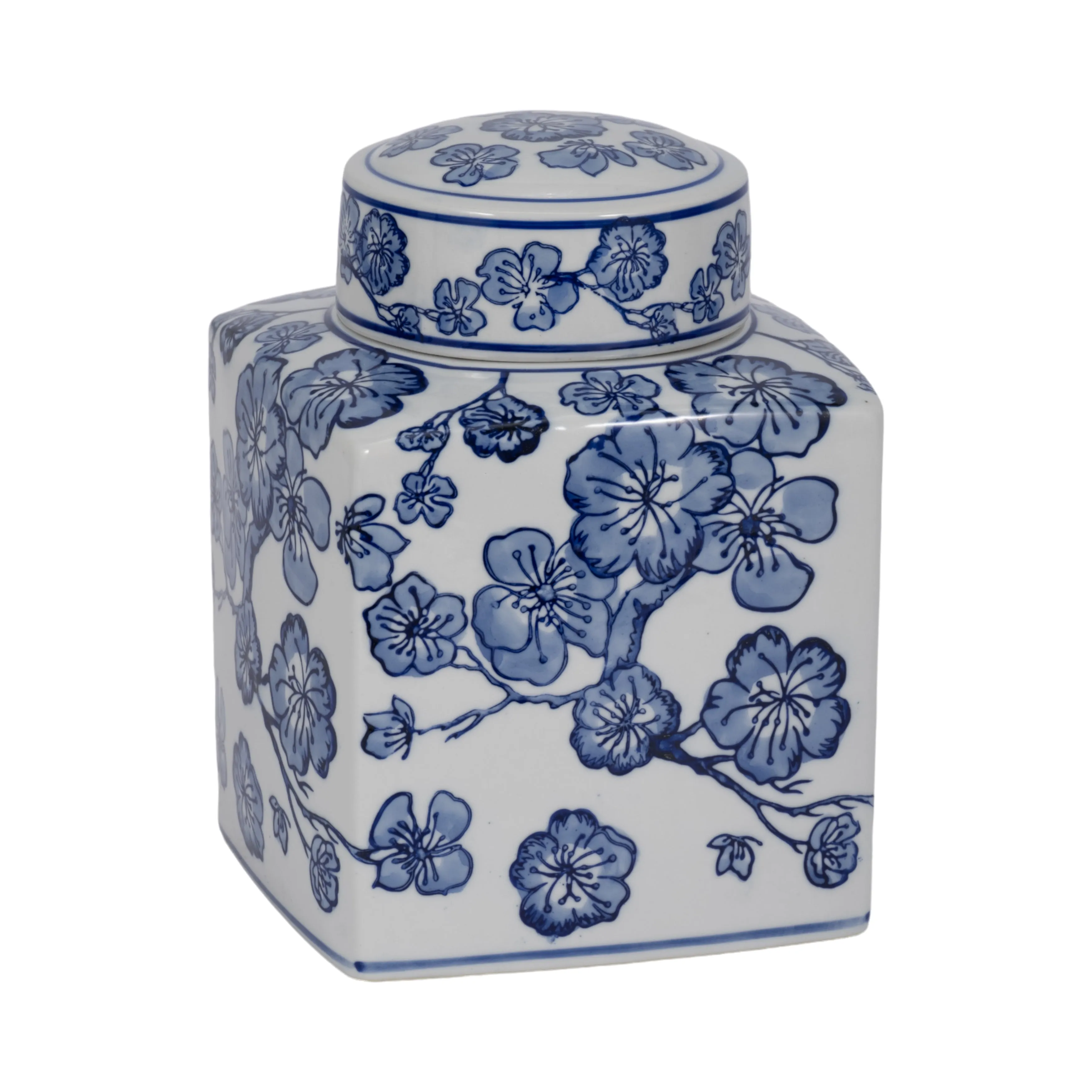 8" Cherry Blossom Chinoiserie Jar, Blue/white