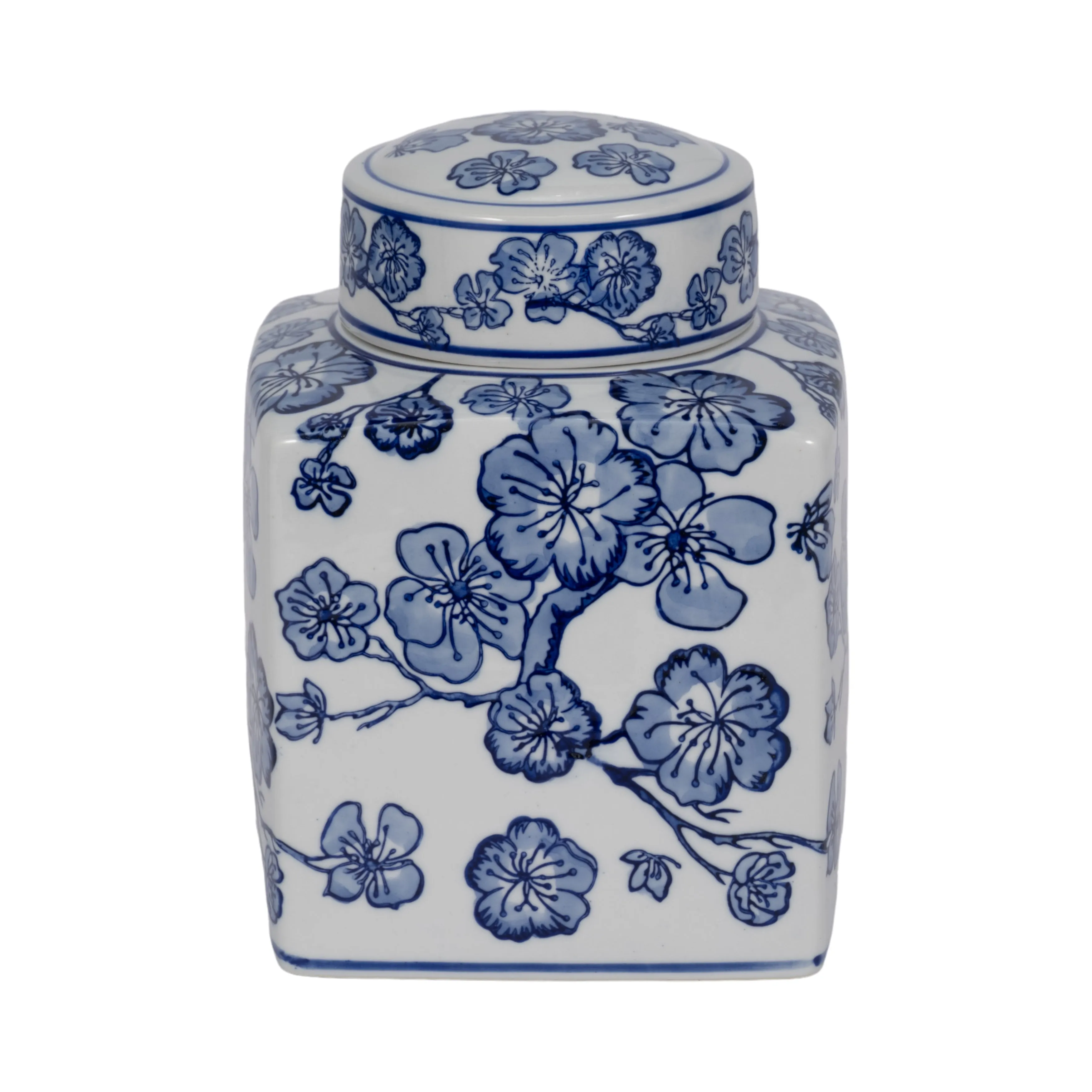 8" Cherry Blossom Chinoiserie Jar, Blue/white