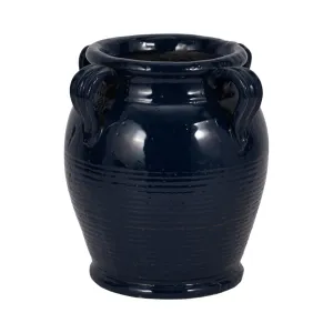 9" Terracotta Vase With Handles, Navy Blue