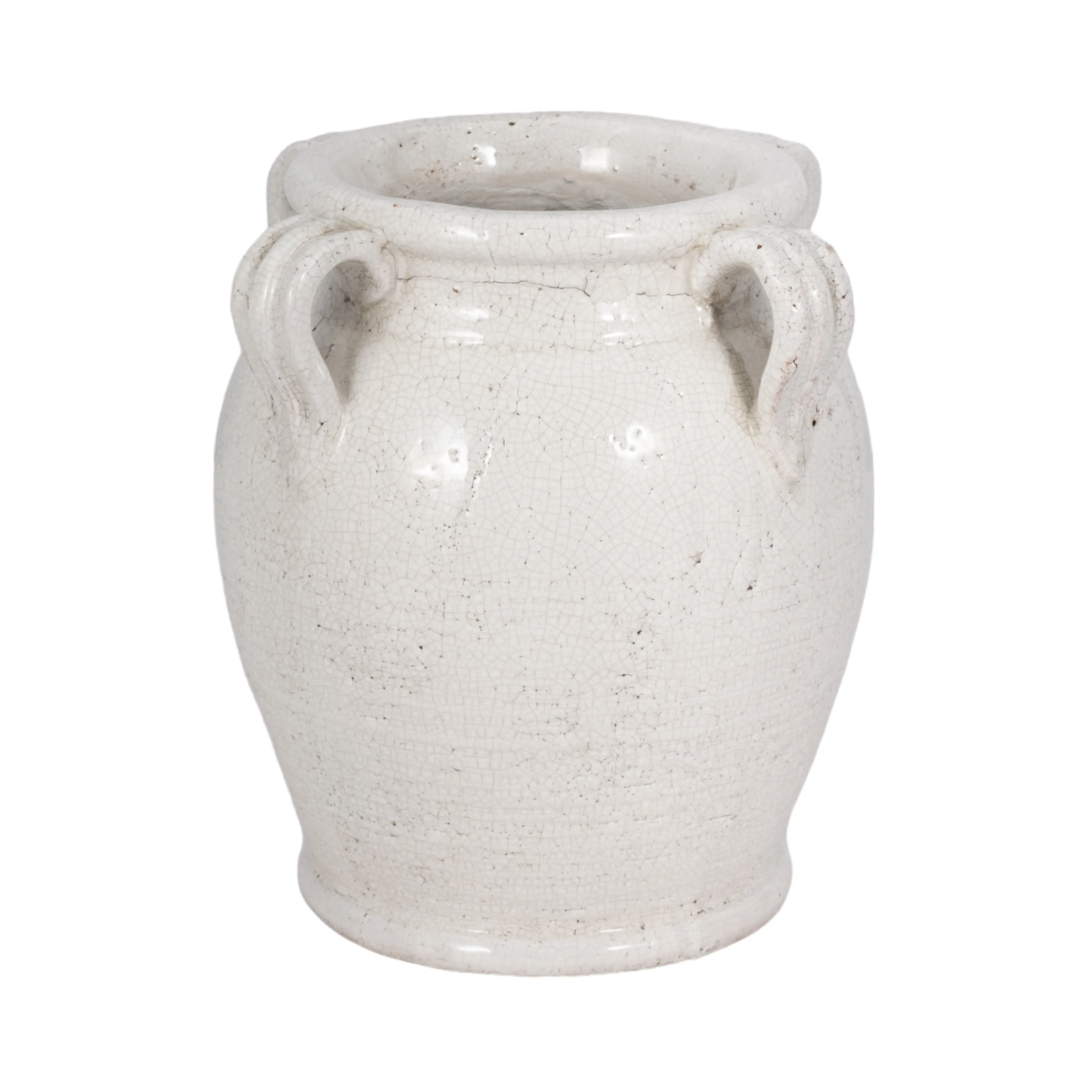 9" Terracotta Vase With Handles, White Crackle