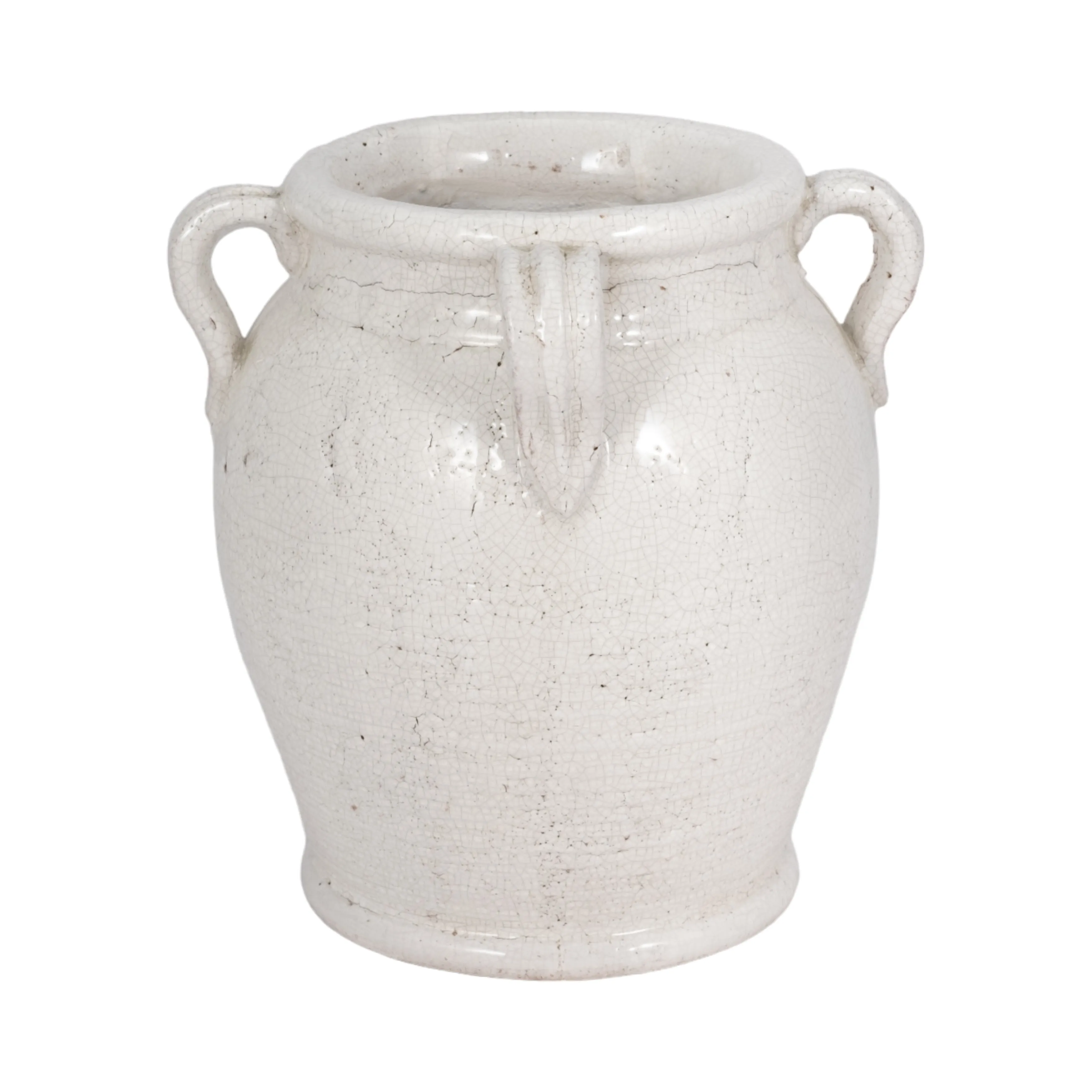 9" Terracotta Vase With Handles, White Crackle