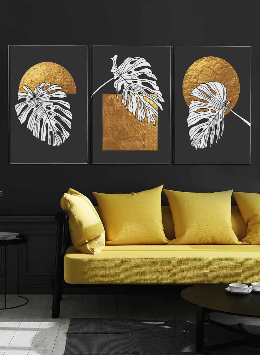 Abstract Leaves on a Dark Background Paintings(set of 3)