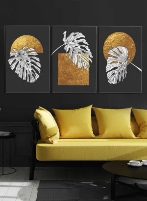 Abstract Leaves on a Dark Background Paintings(set of 3)