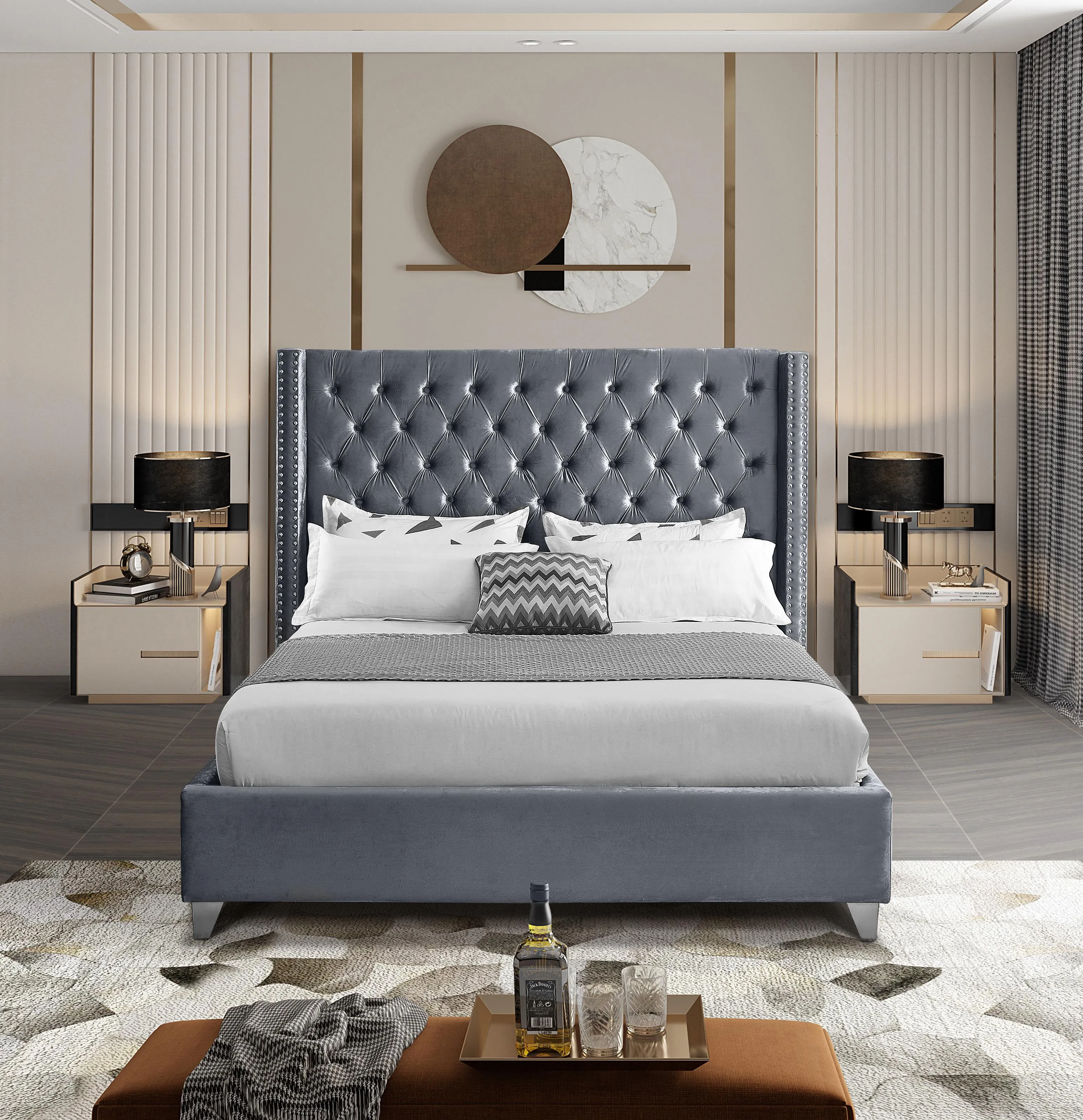 Aiden Grey Velvet Queen Bed