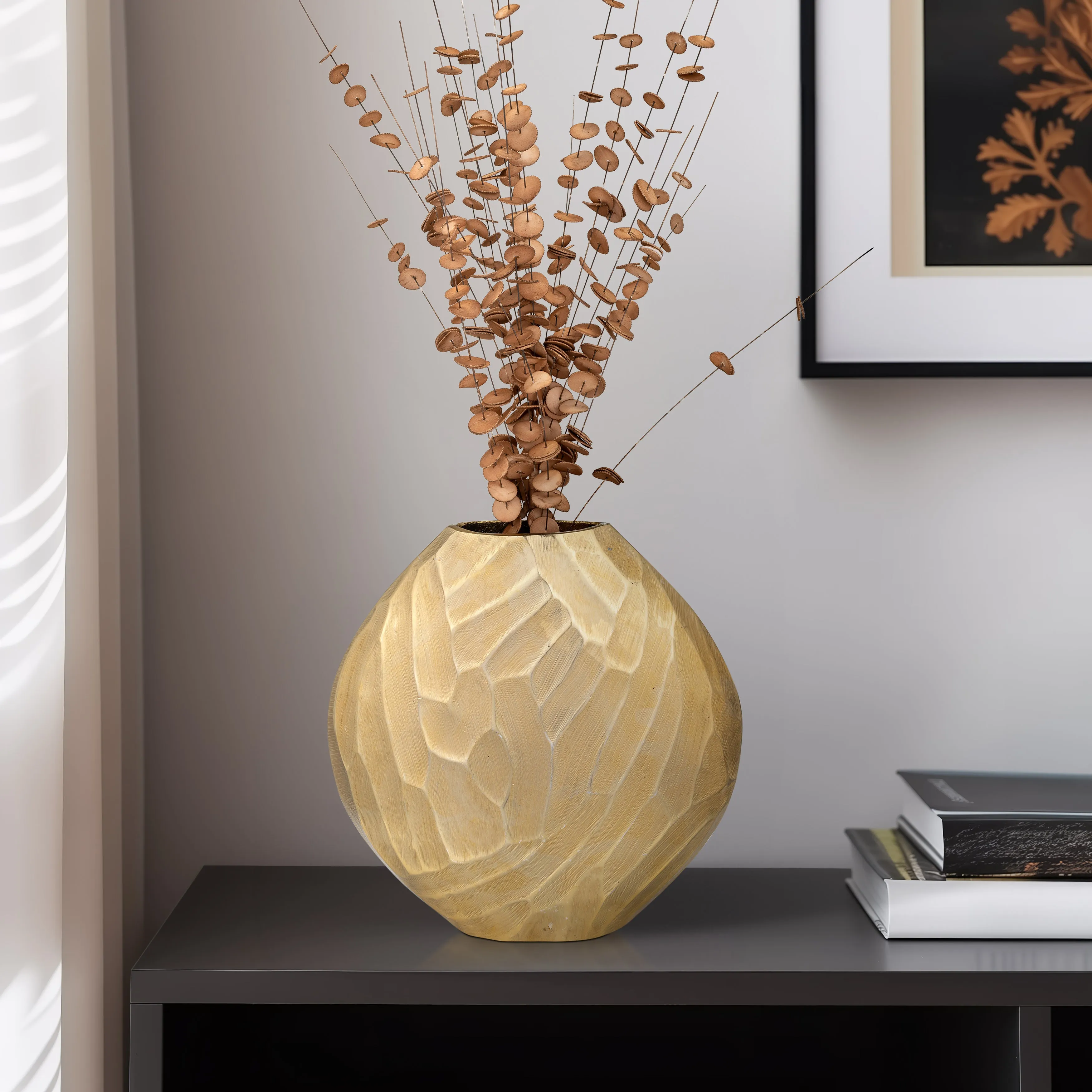 ALUMINUM 14"H HAMMERED VASE, CHAMPAGNE