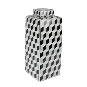 BLACK/WHITE SQUARE CERAMIC JAR 16"